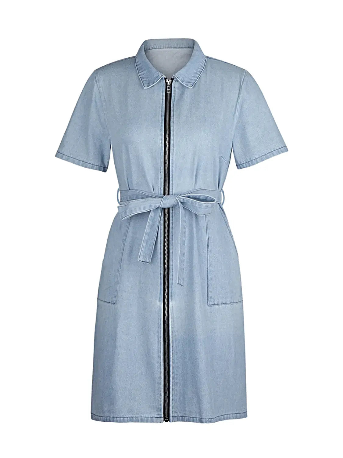 Full Size Zip Front Short Sleeve Denim Dress Plus Size -