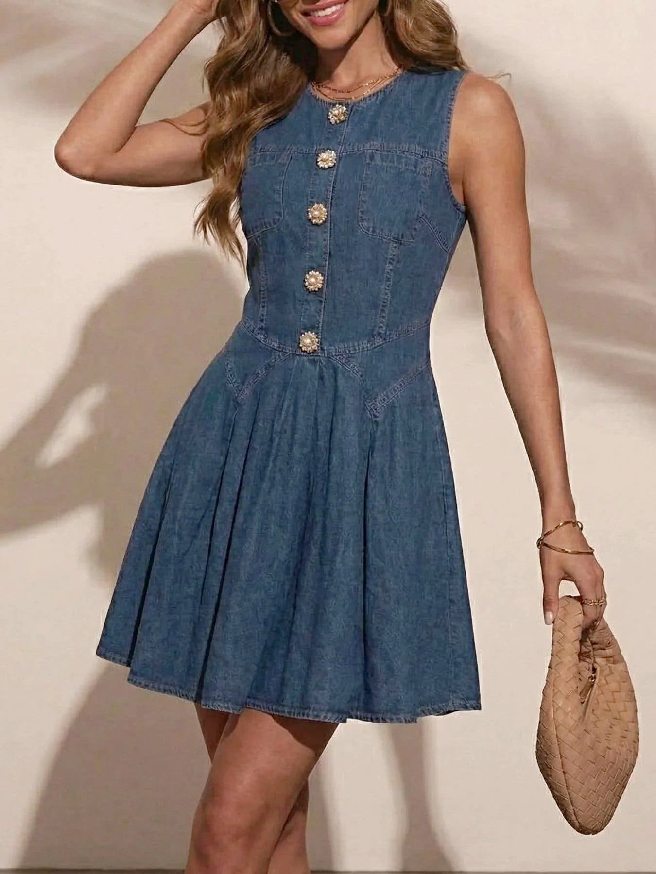 Button Decor Sleeveless Denim Dress -