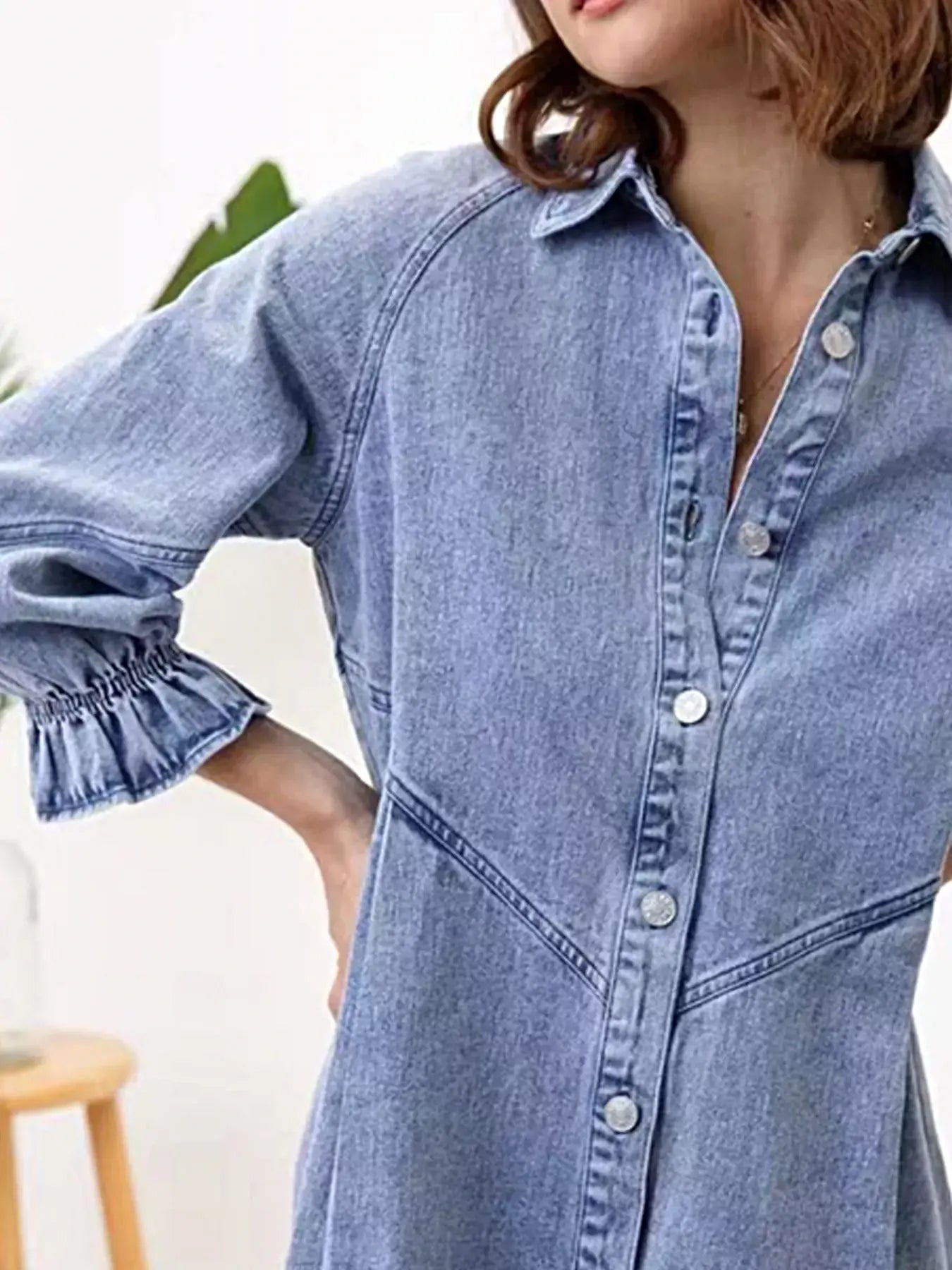 Ruffled Cuff Button-Down Denim Dress -