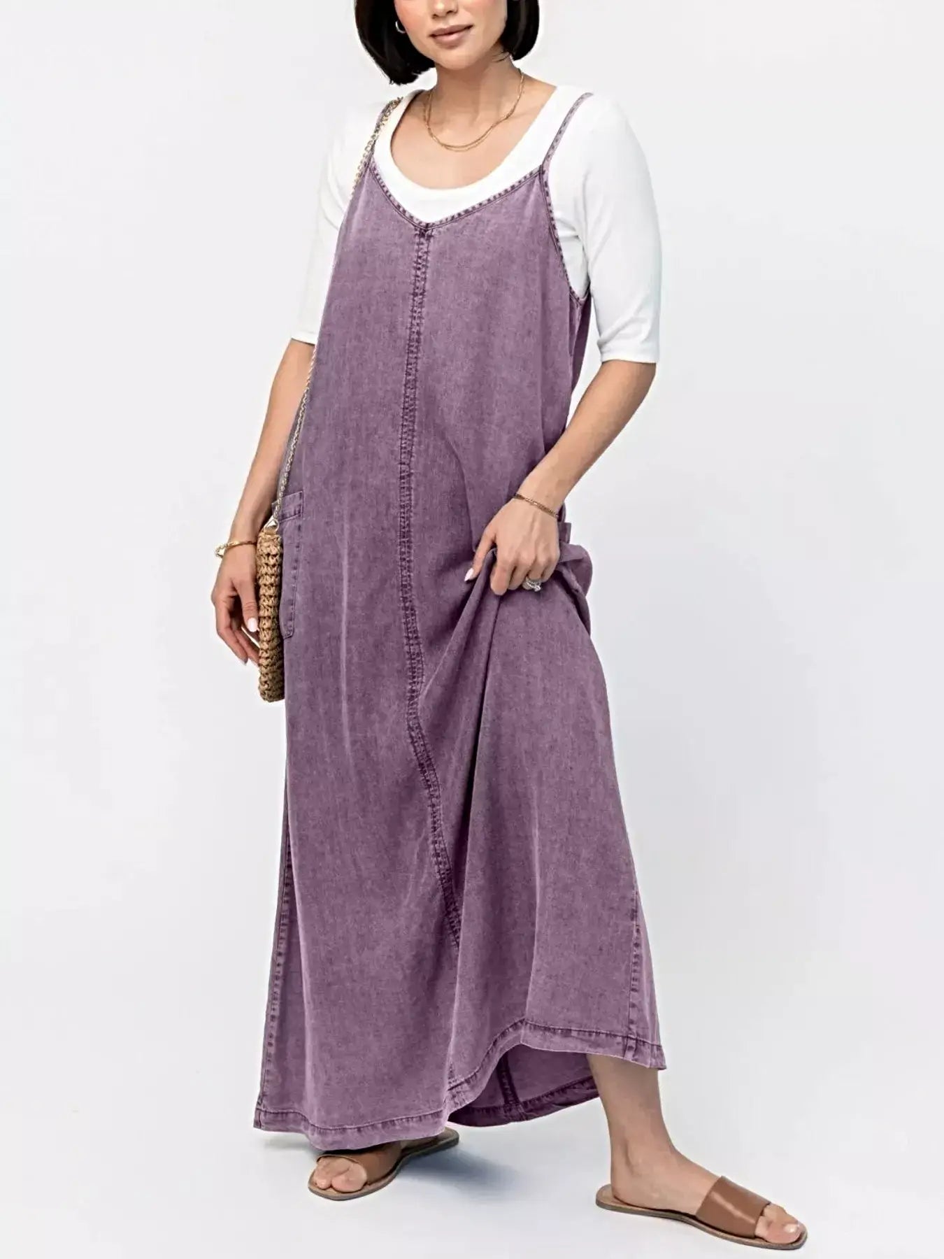 Casual Washed Denim Cami Maxi Dress -