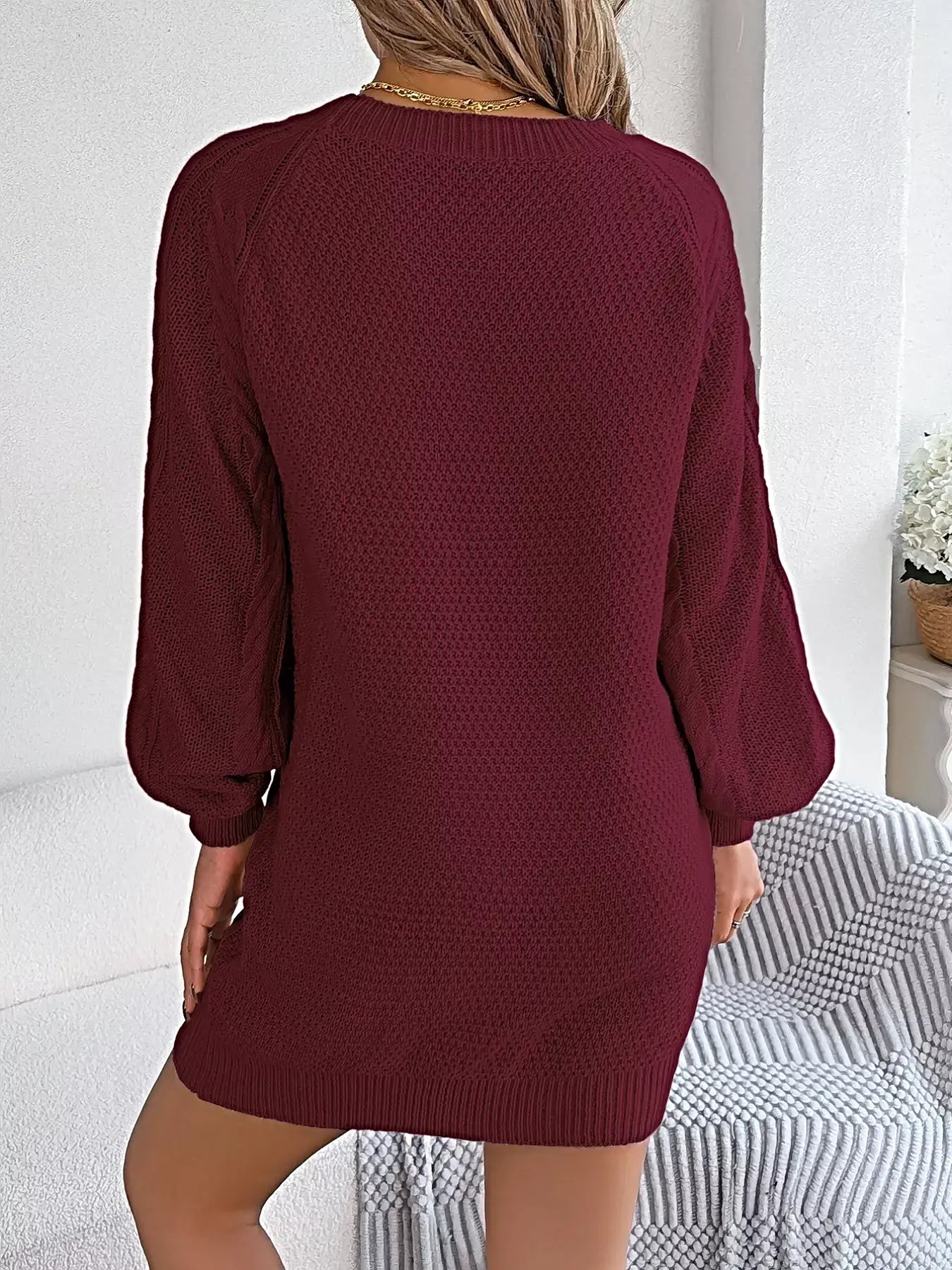 Diamond Cable Knit Sweater Dress with Long Sleeves -