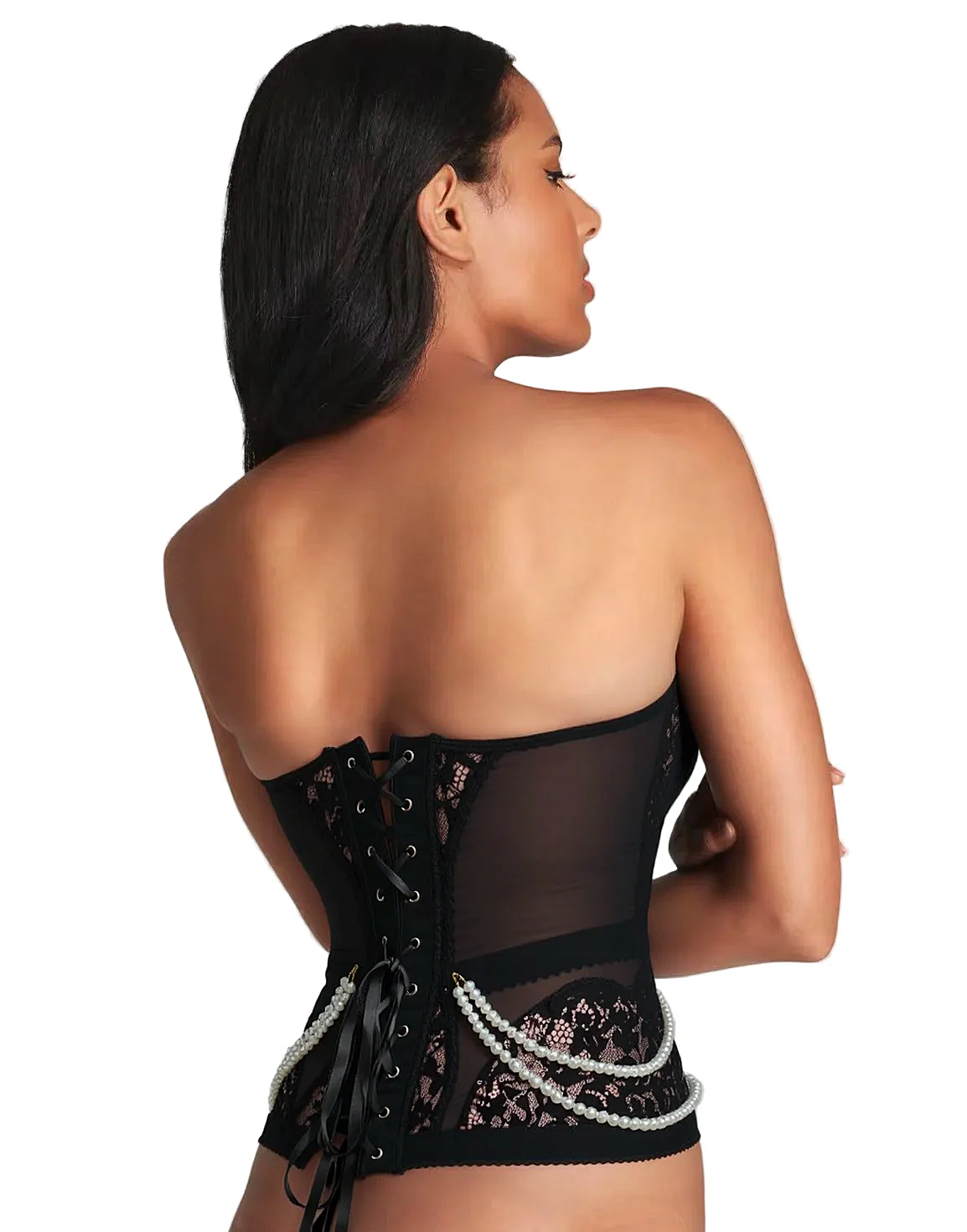 Close-up of the Elegant Black Lace Corset Set highlighting pearl drapes and luxurious gold-tone front button closure, emphasizing the black lace corset.
