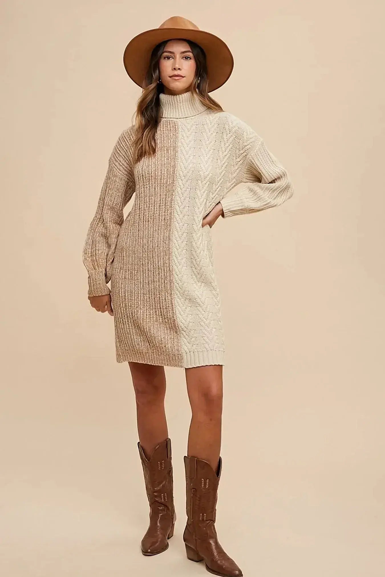 Annie Wear Color Block Turtleneck Sweater Dress -