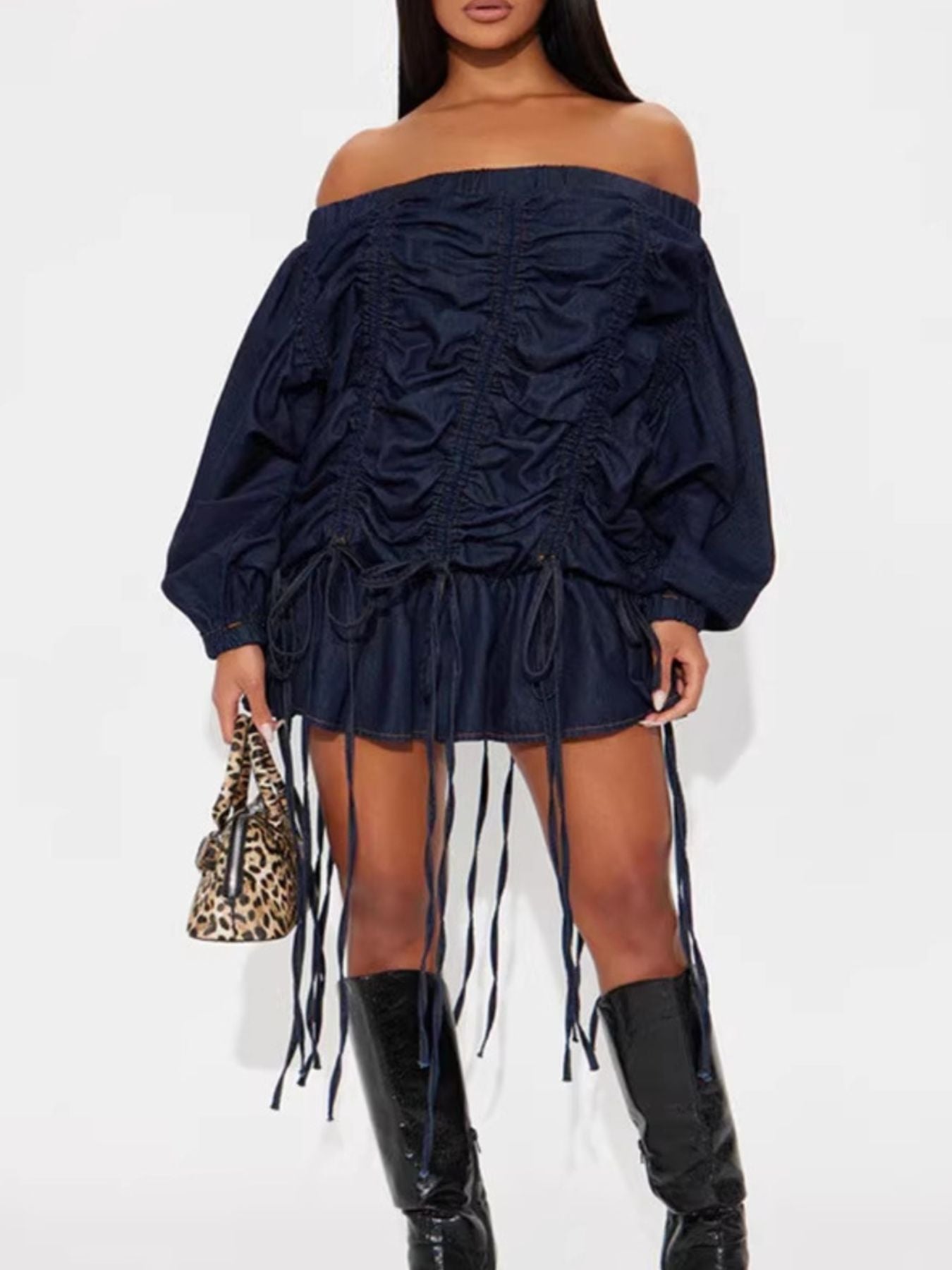 Elegant Off-Shoulder Denim Dress with Ruched Design and Ruffled Accents -