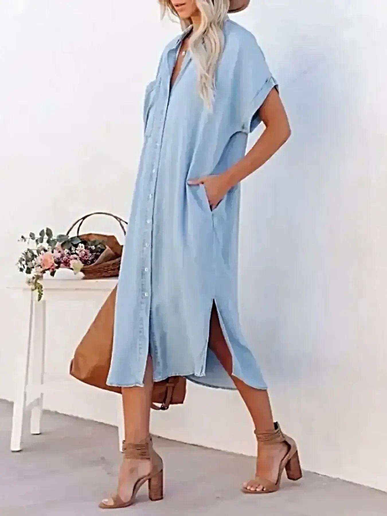 Button Down Denim Midi Shirt Dress -