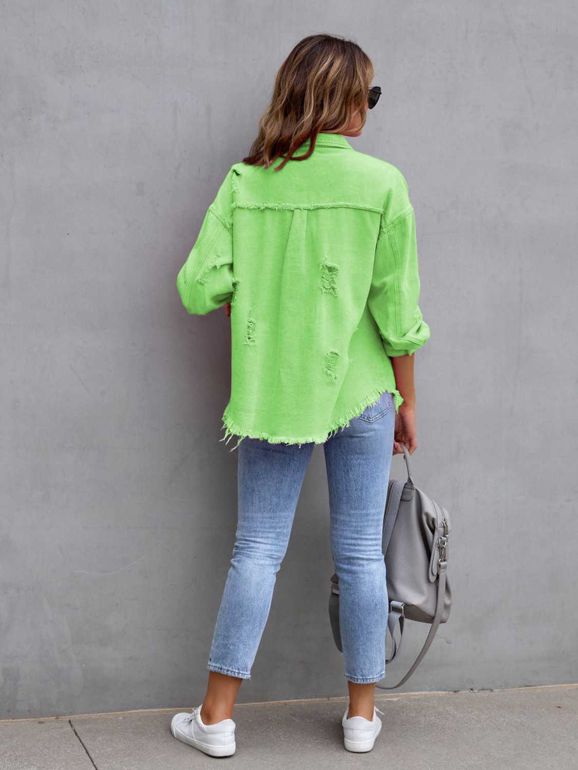 Distressed Drop Shoulder Denim Jacket -