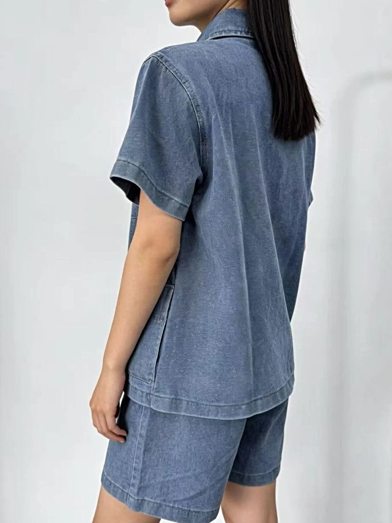 Button Up Short Sleeve Top and Shorts Denim Set -