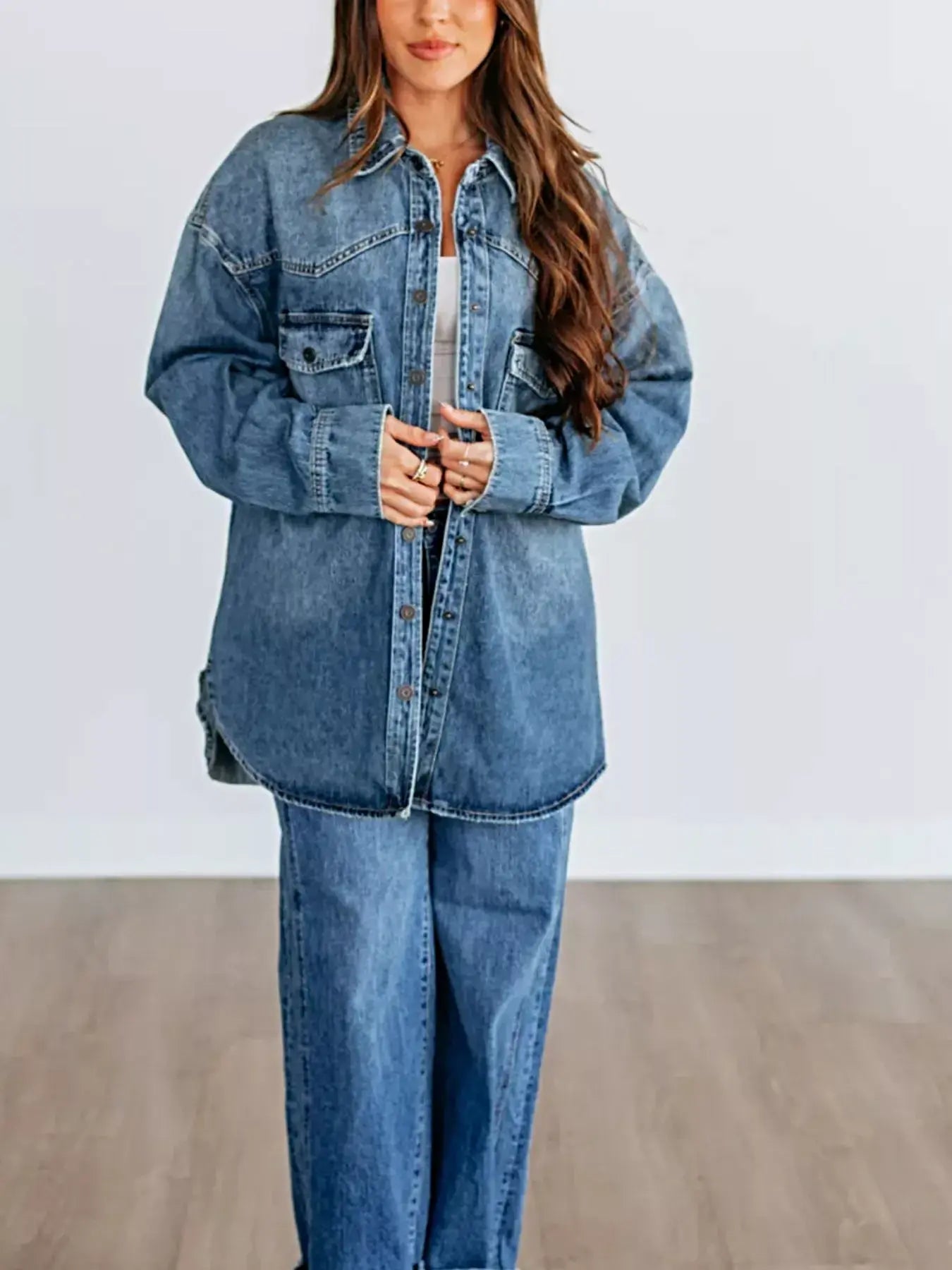 Snap Down Dropped Shoulder Denim Jacket -