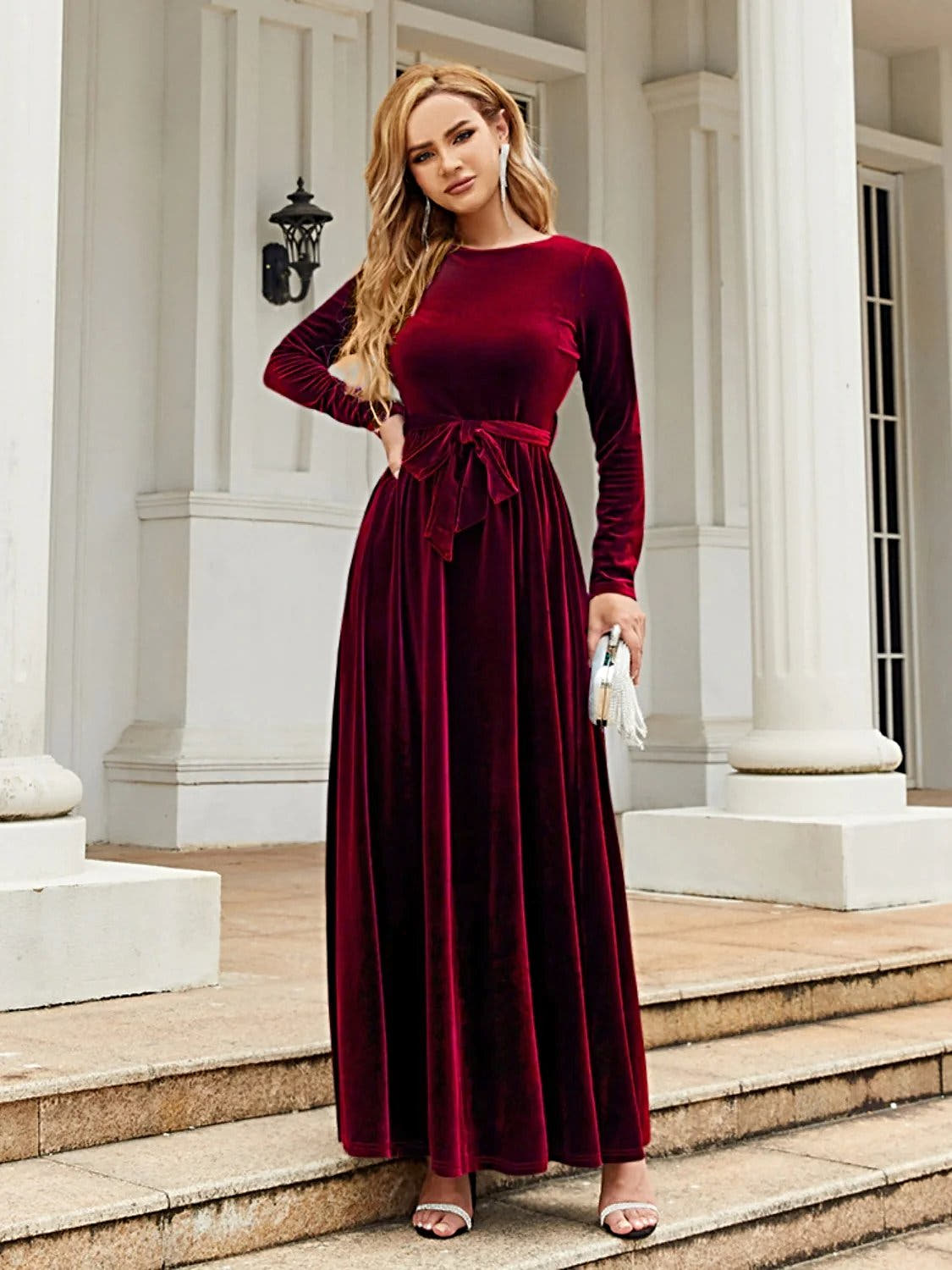 Elegant Tie Front Long Sleeve Maxi Dress in Opaque Polyester – Comfortable and Stylish Trendsi