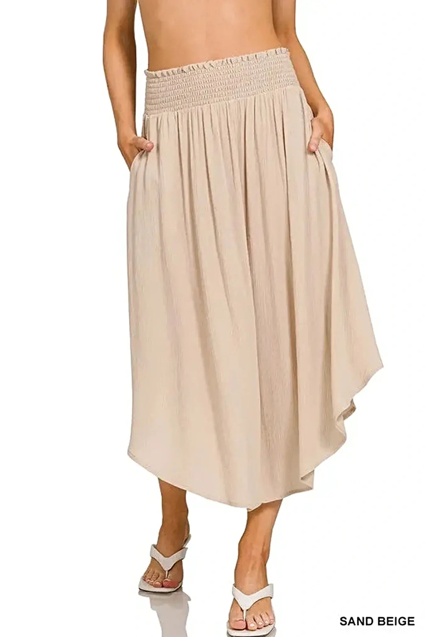 Zenana Woven Crinkle Smocked Waist Maxi Skirt W Pockets -
