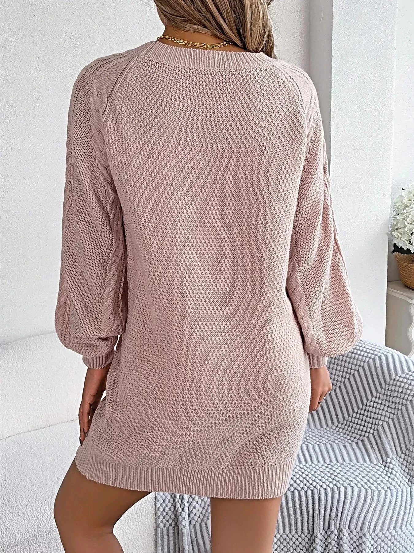 Diamond Cable Knit Sweater Dress with Long Sleeves -