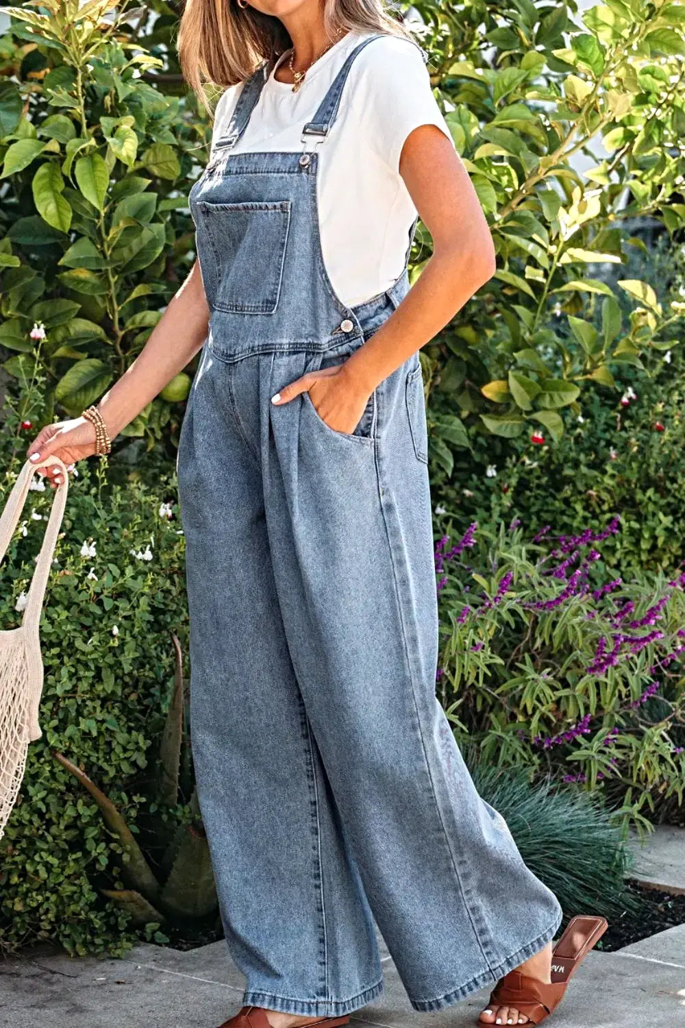 Pleated Wide Leg Retro Pocketed Denim Jumpsuit -
