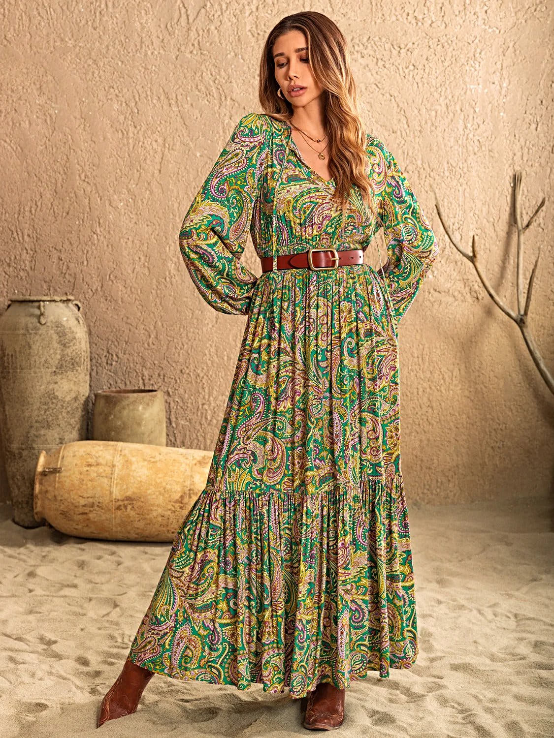 Printed Tie Neck Long Sleeve Dress -