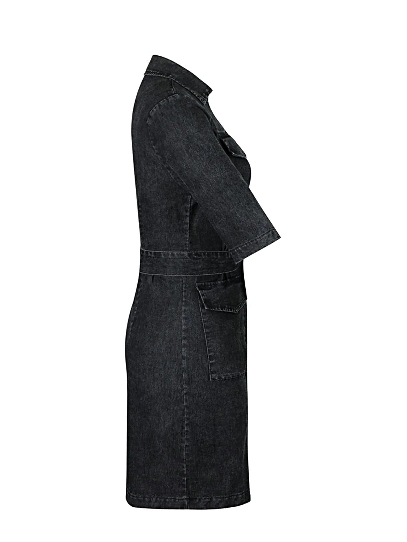 Zipper Front Short Sleeve Denim Dress -