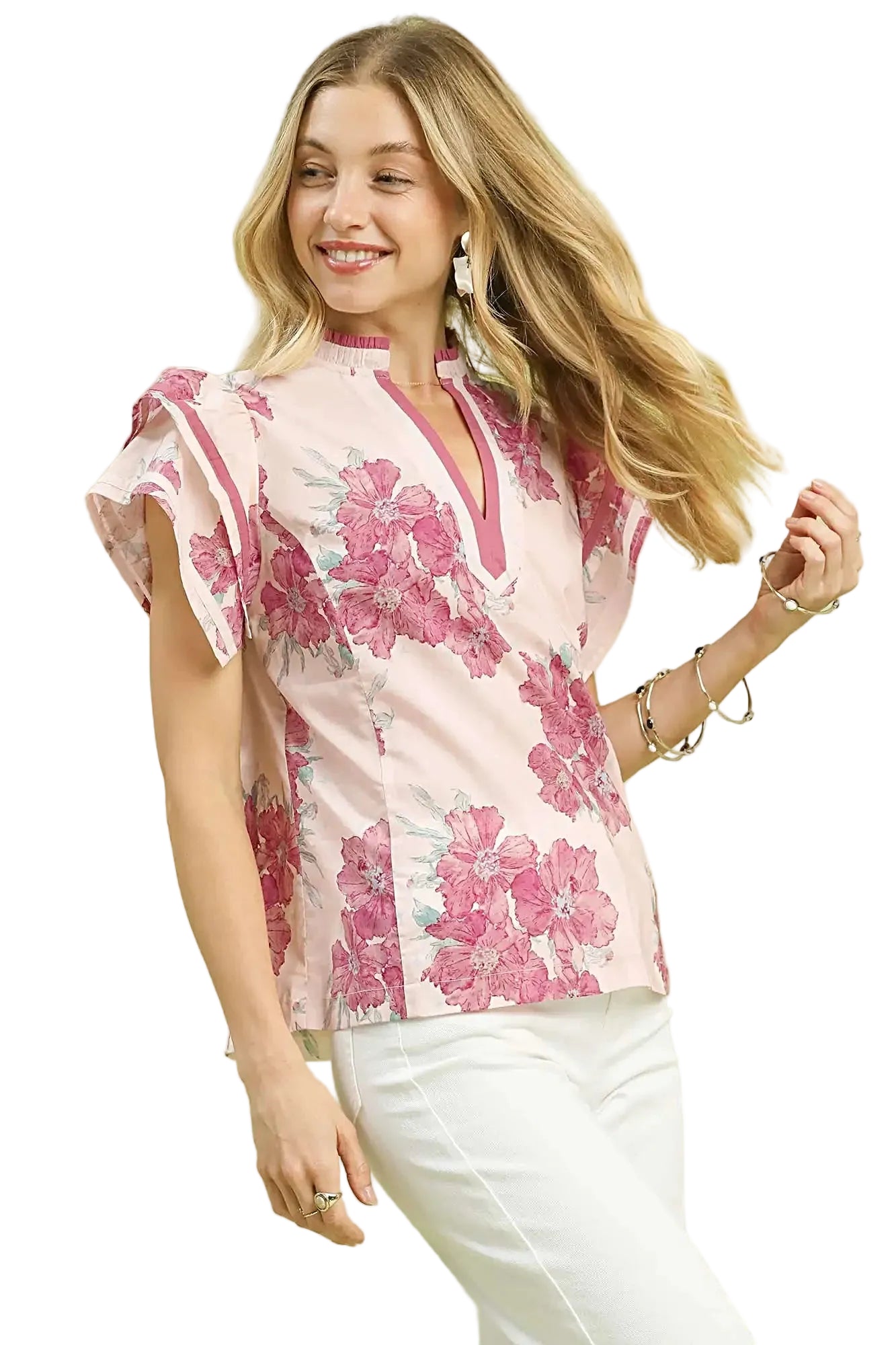 Umgee Mix Floral Ruffle Sleeve Blouse -
