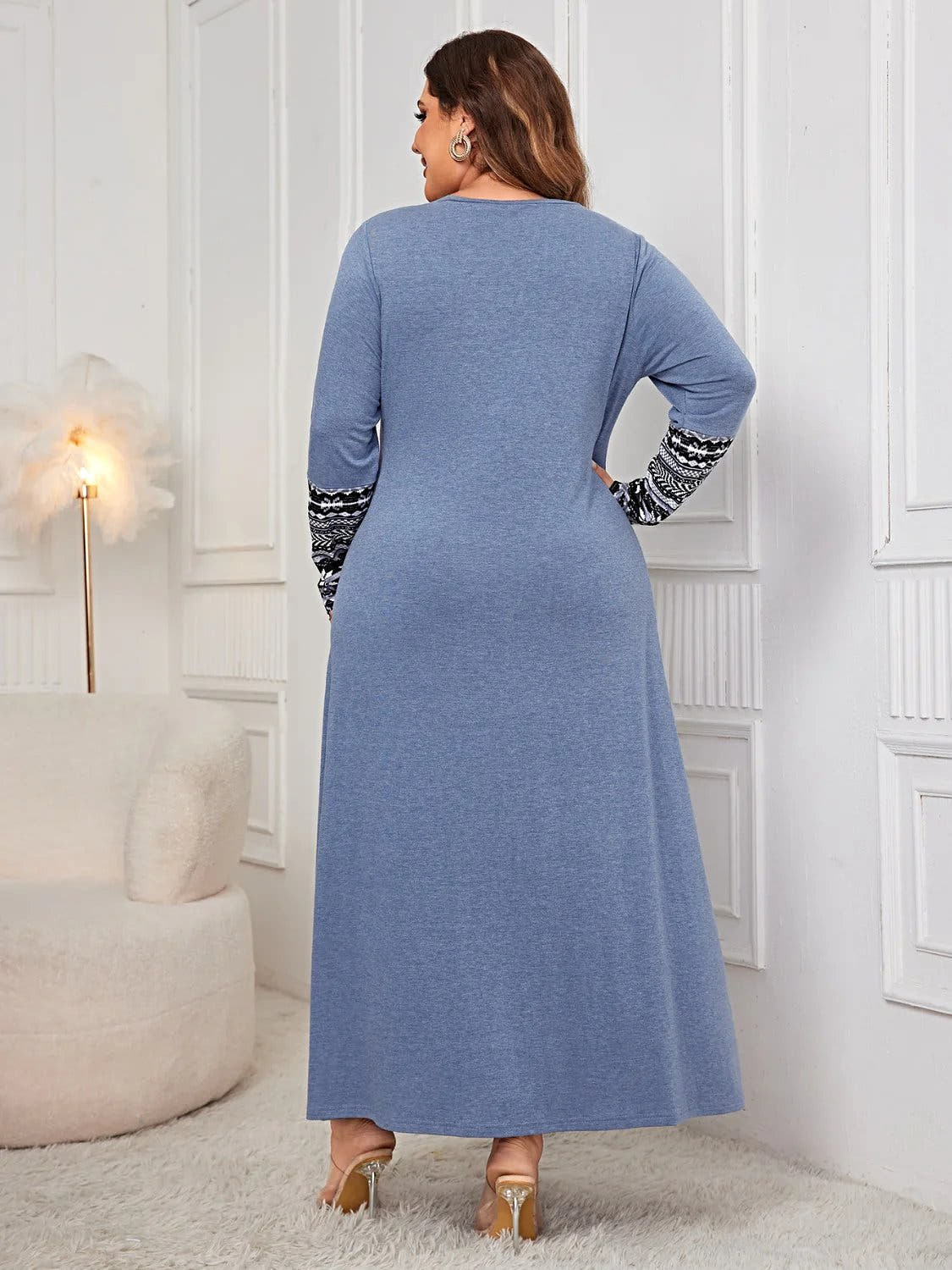 Honey Plus Size Long Sleeve Dress - Printed Round Neck Opaque Material, Slightly Stretchy, Elegant Fit Trendsi