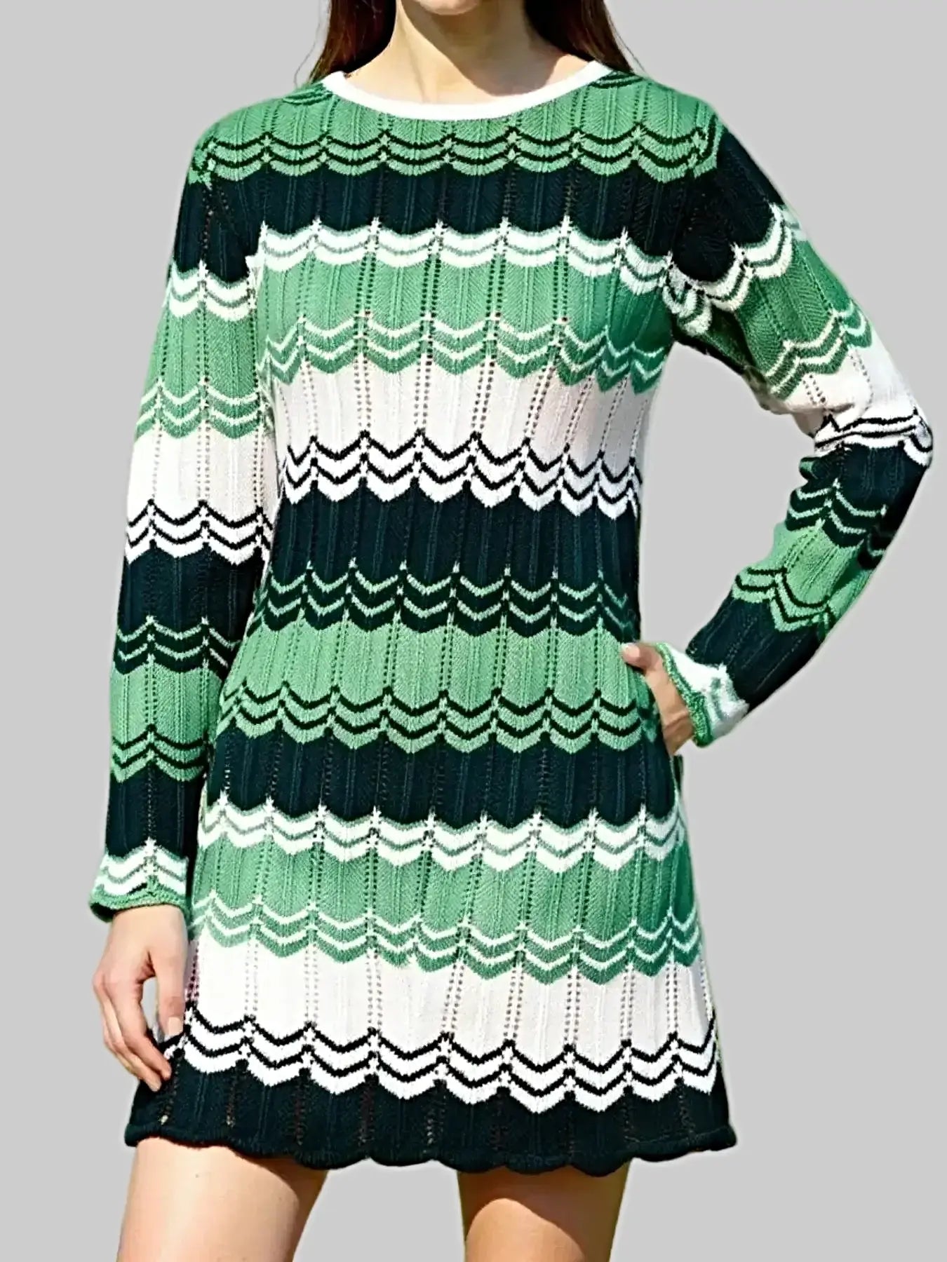 Openwork Wave Pattern Long Sleeve Sweater Dress -
