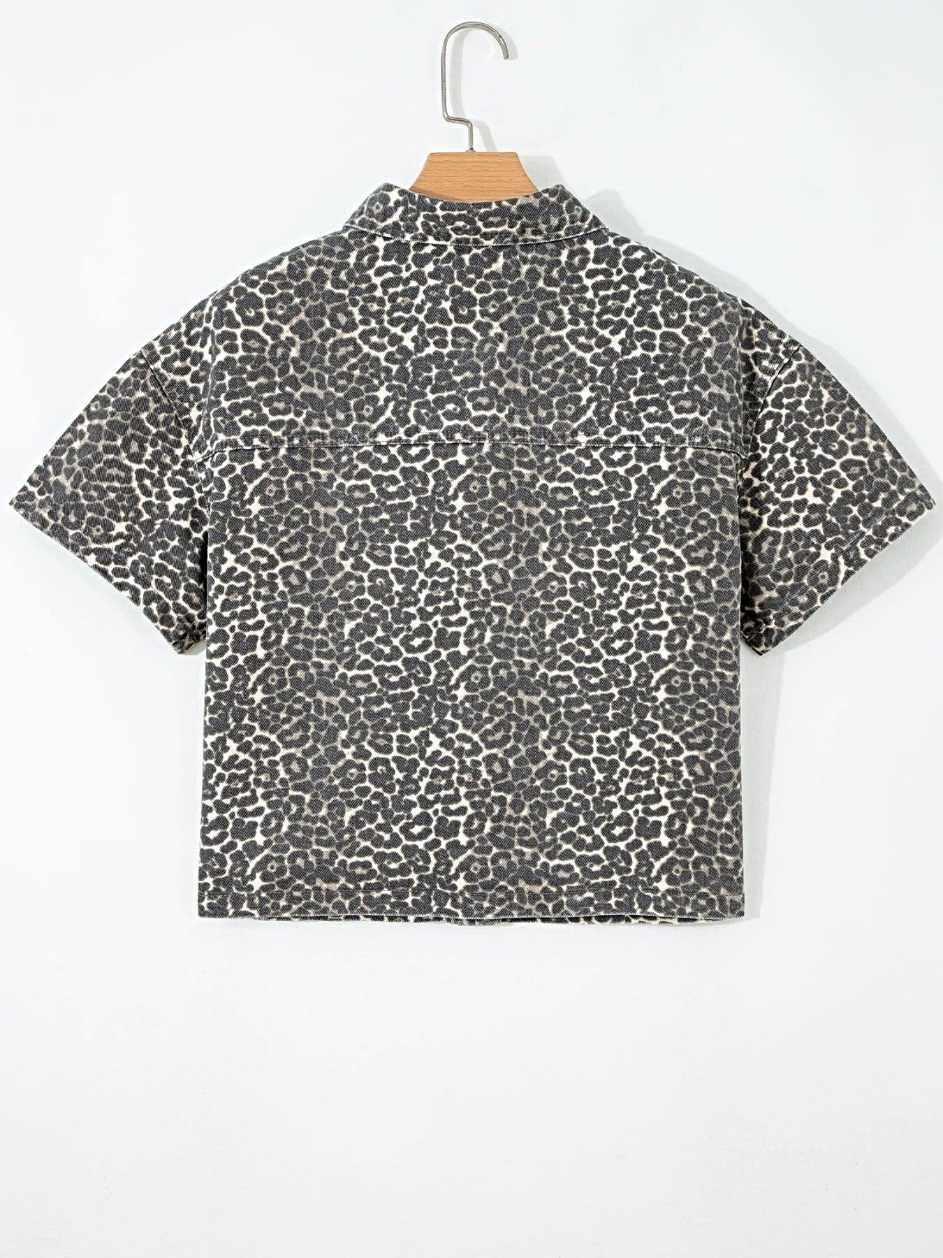 Leopard Print Short Sleeve Denim Shirt -
