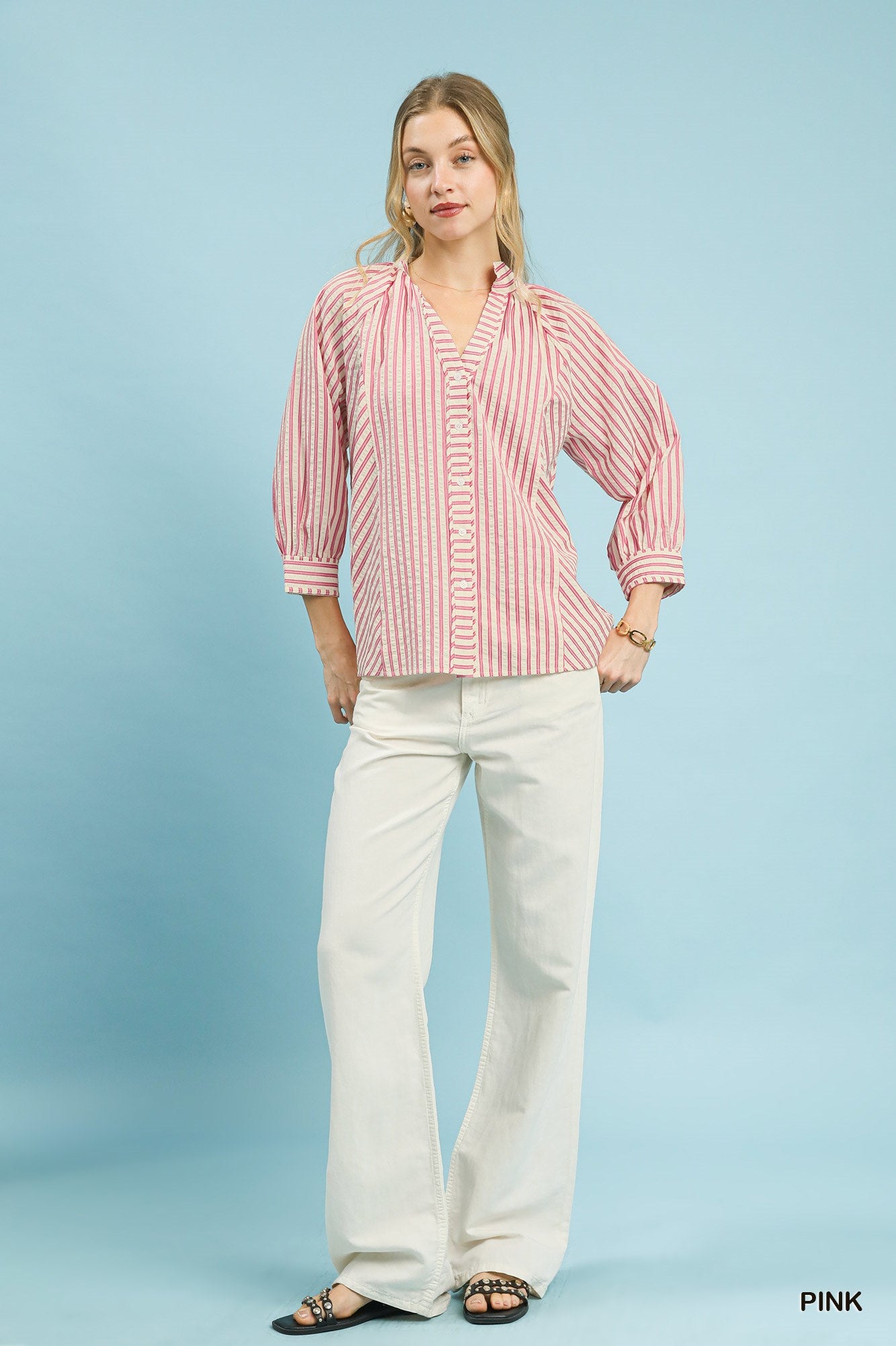 Umgee Striped V-Neck Button Down Top -