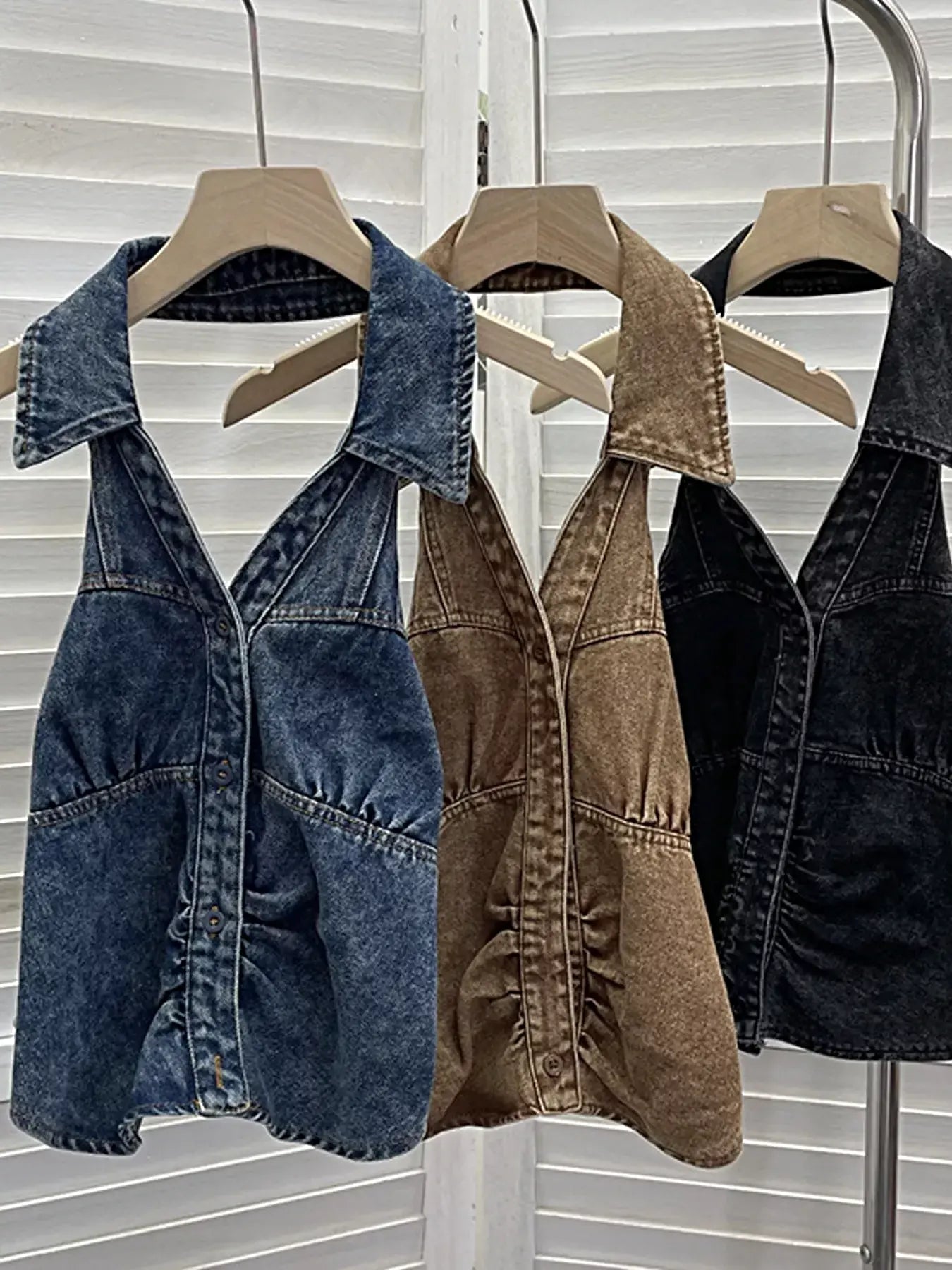 Smocked Denim Halter Collar Top -