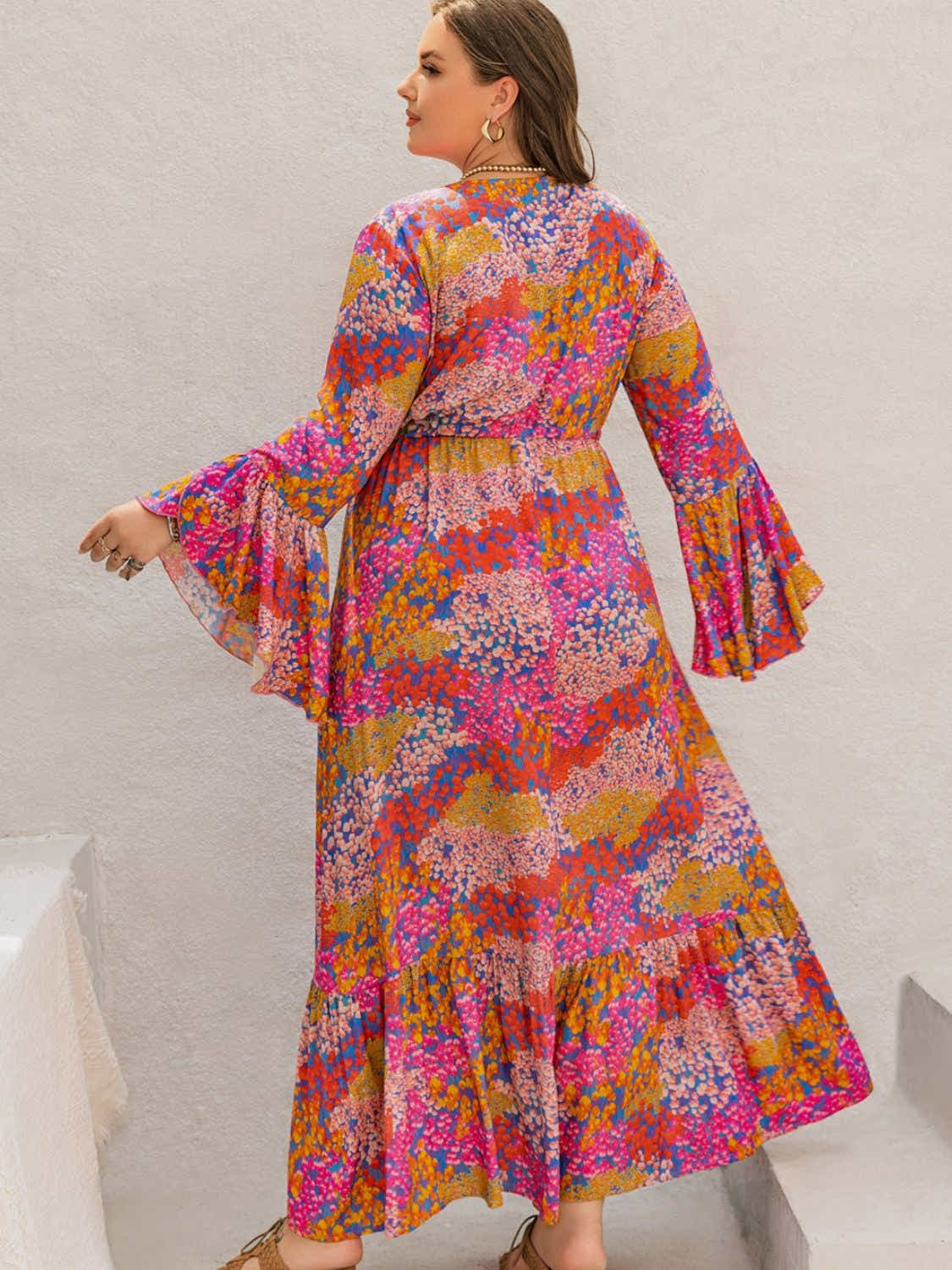 Plus Size Printed V-Neck Long Sleeve Maxi Dress Trendsi