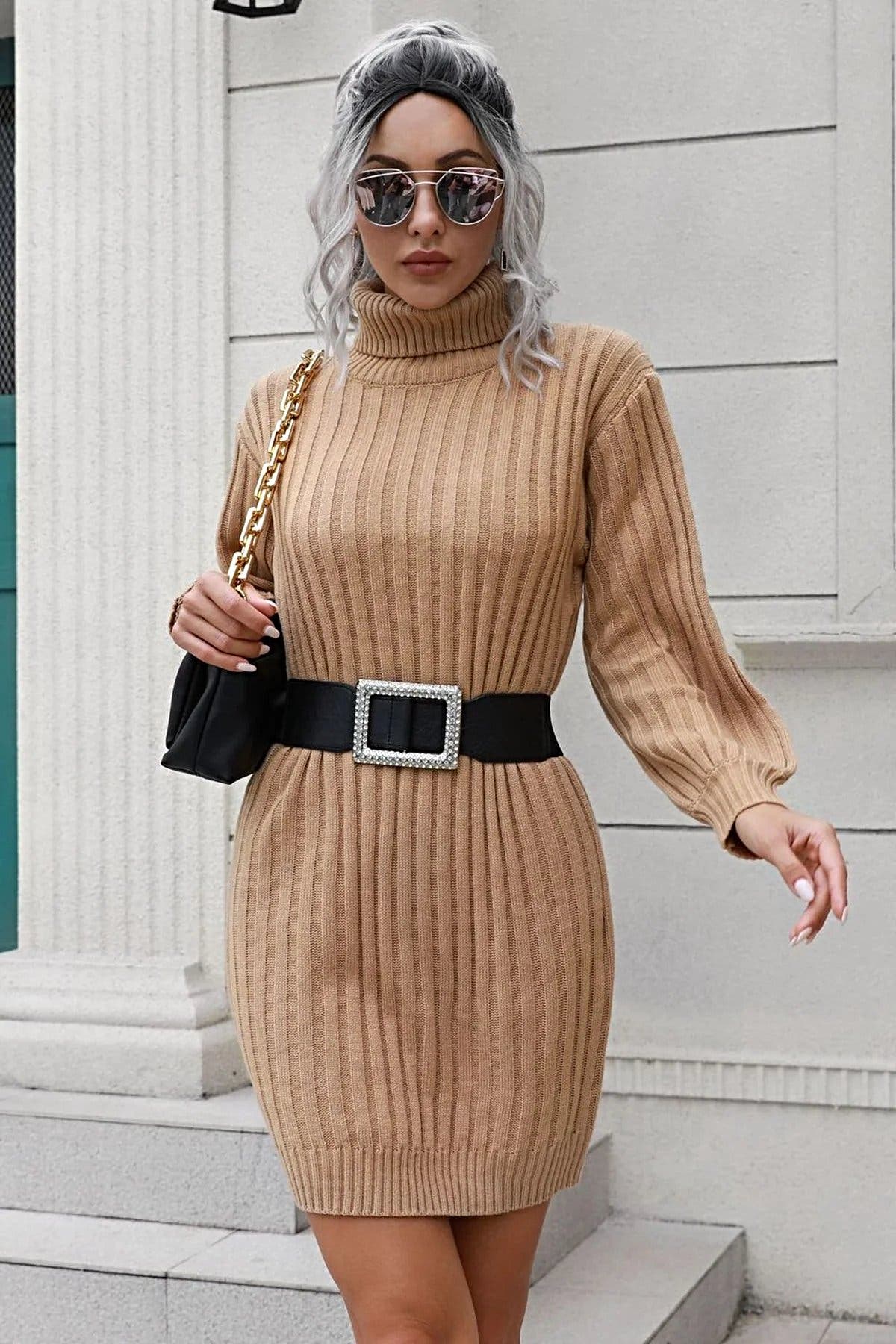 Ribbed Turtle Neck Long Sleeve Mini Sweater Dress -