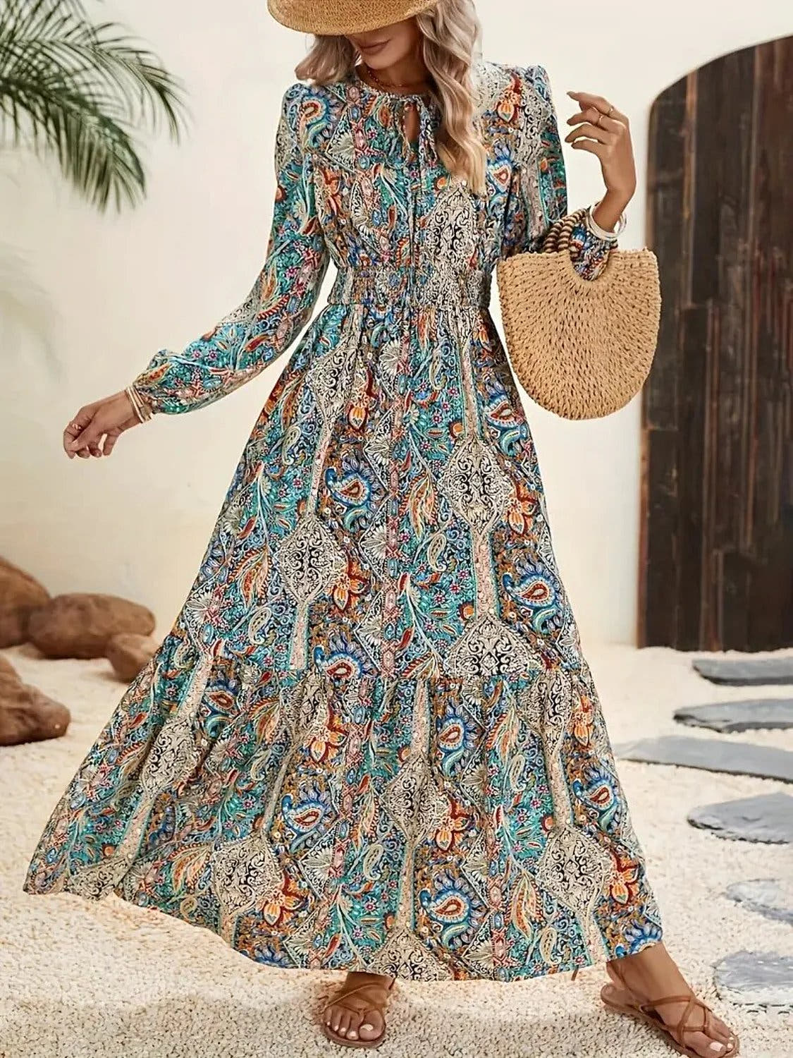Trendy Printed Tie Neck Long Sleeve Maxi Dress - Fashionable Maxi Dress For Events Trendsi