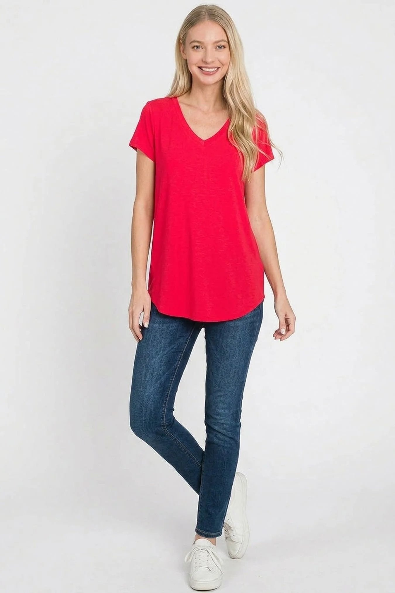Zenana Rayon Short Sleeve V-neck Round Hem Top -