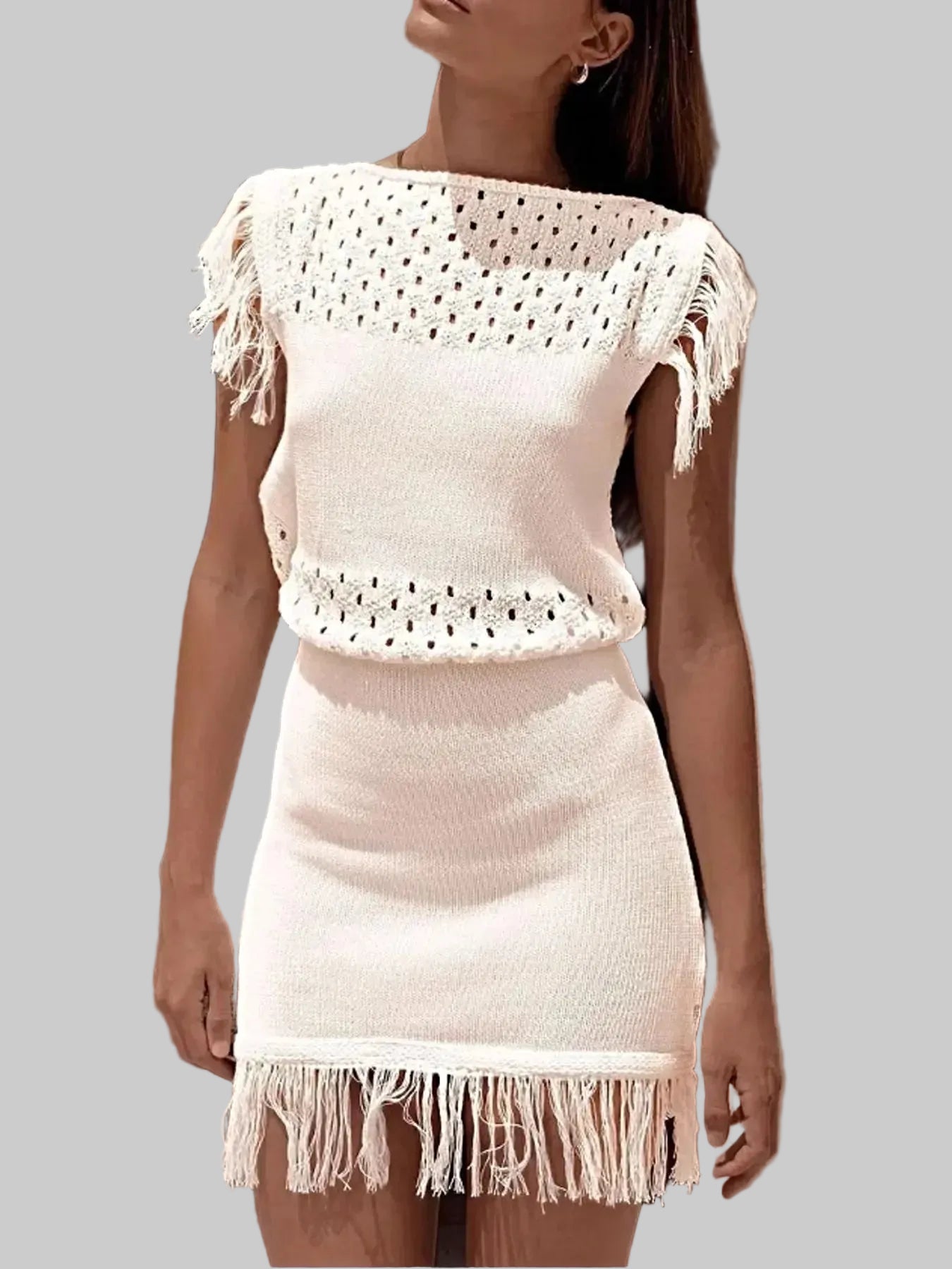 Fringe Crochet Boat Neck Sweater Dress -