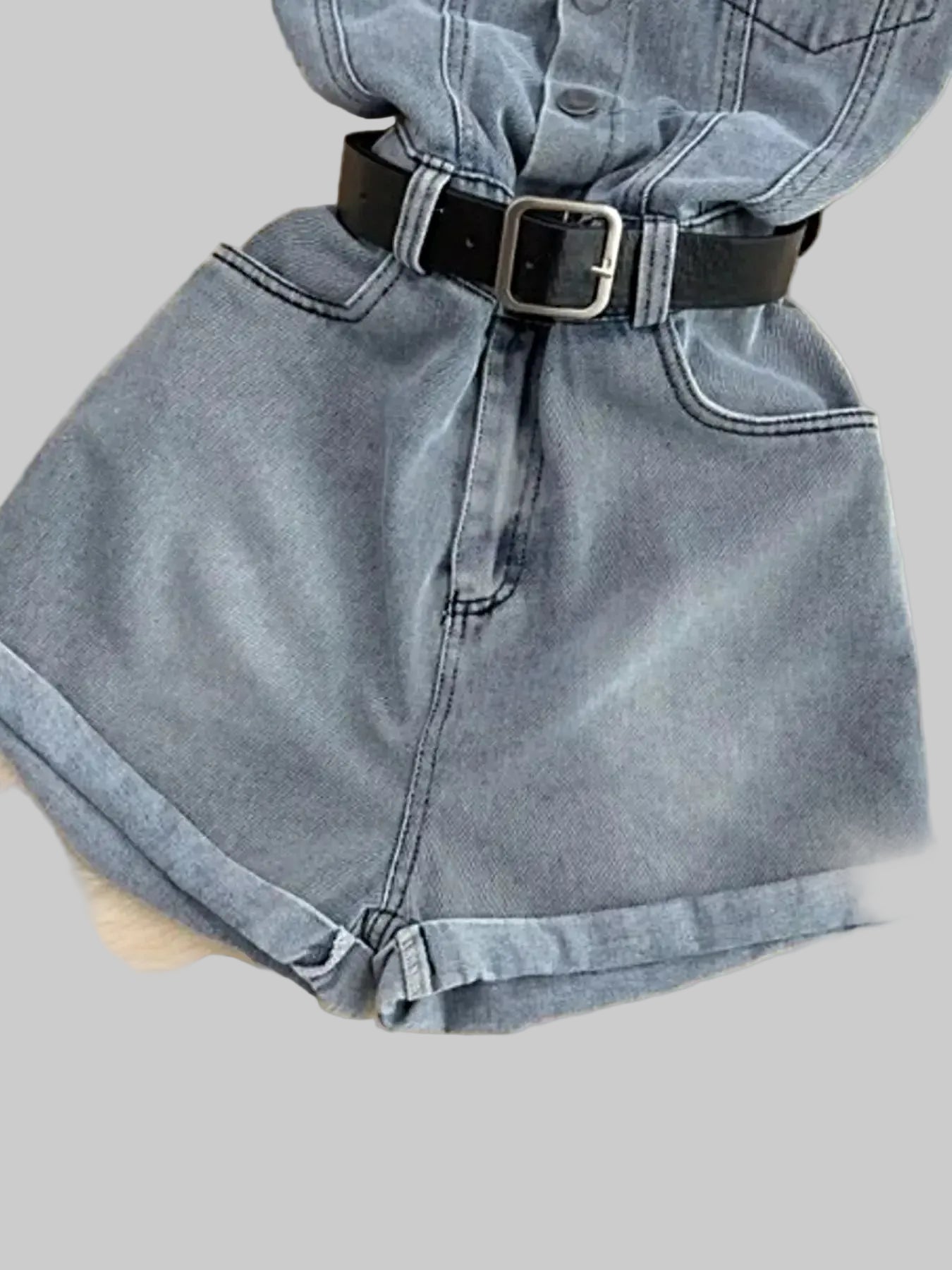 Button Front Short Sleeve Denim Romper -
