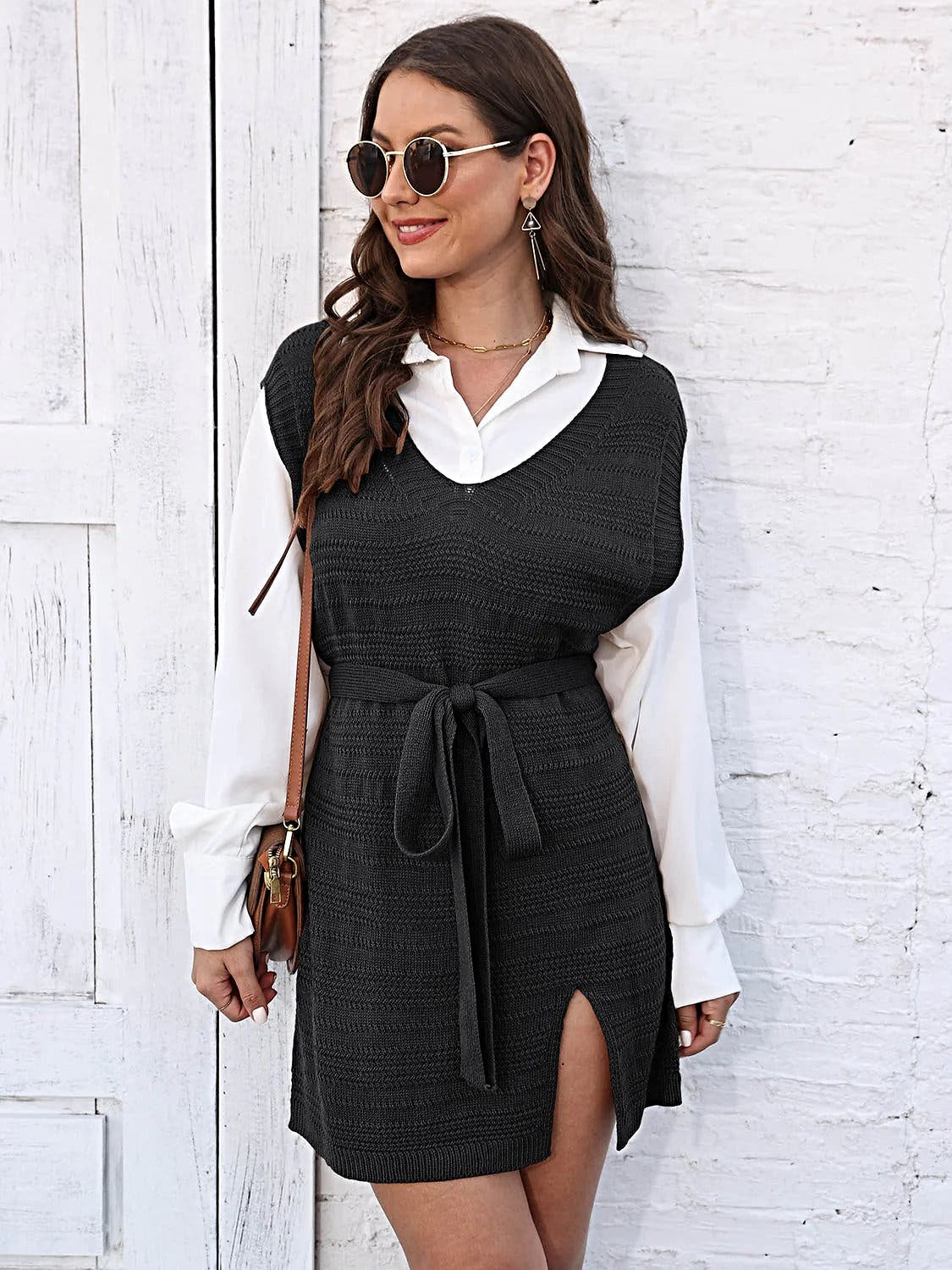 Luxury Tie Front Sweater Dress With V-Neck, Sleeveless Design, And Elegant Slit Trendsi