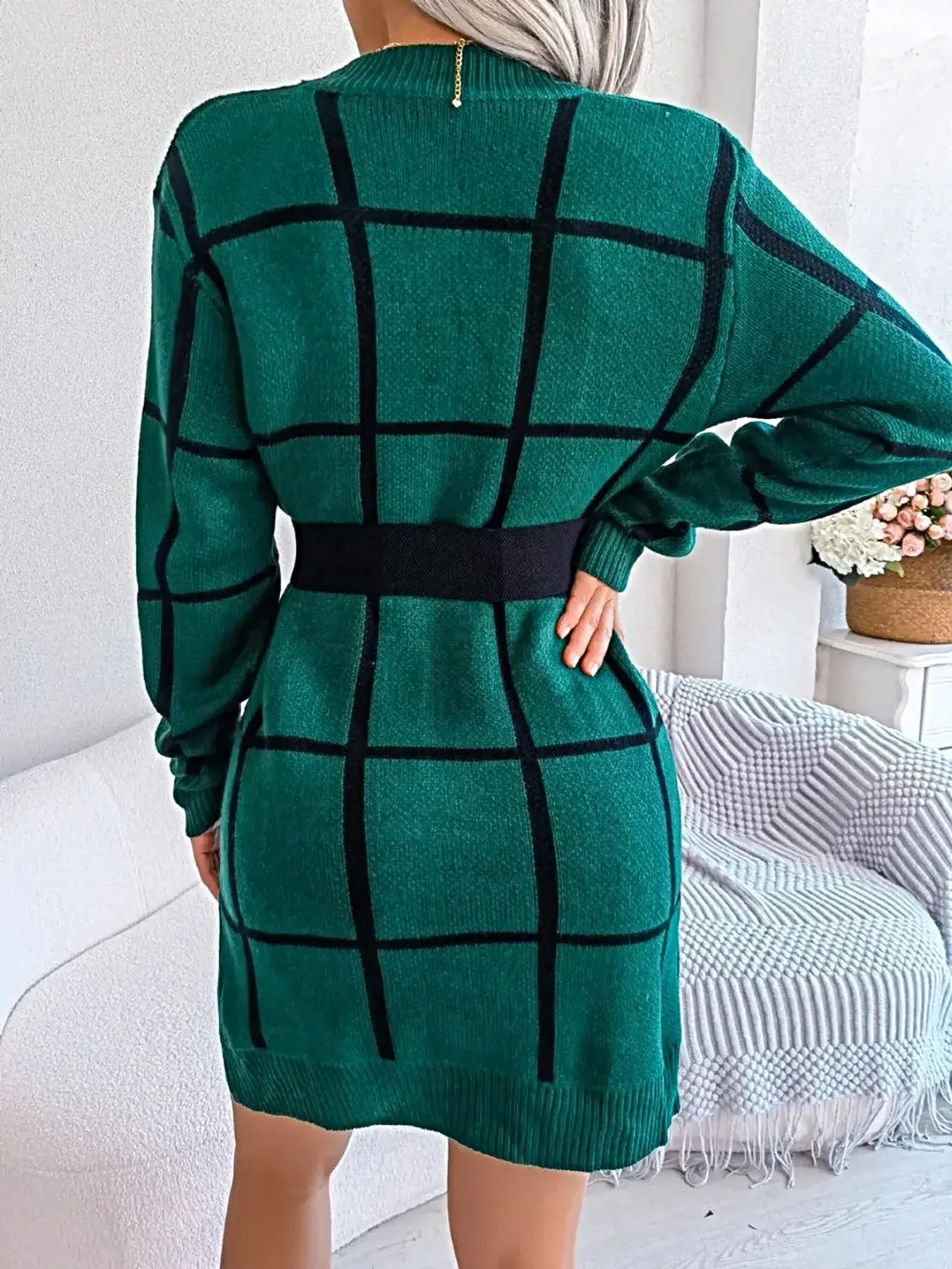 Plaid Round Neck Dropped Shoulder Sweater Dress -