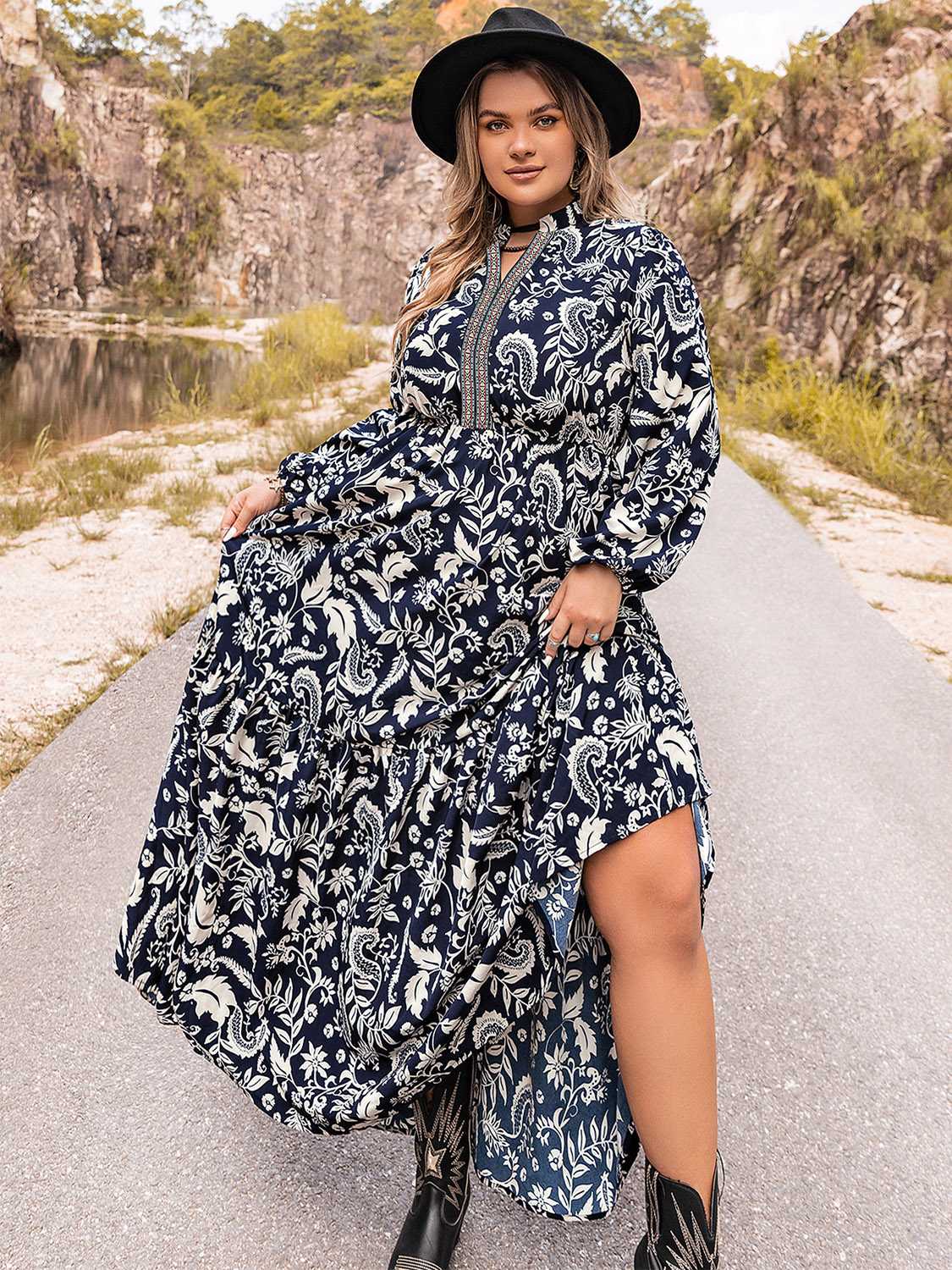 Elegant Plus Size Long Sleeve Maxi Dress in Opaque Fabric with Slight Stretch Trendsi