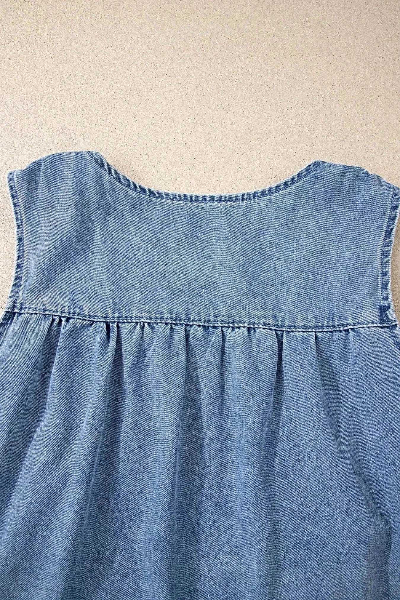 Denim Pleated Patchwork Sleeveless Top -
