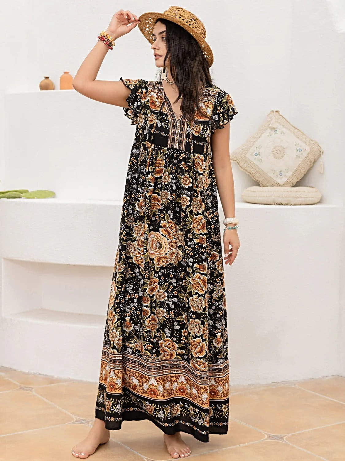 Ruffled Printed Tie Neck Cap Sleeve Dress -