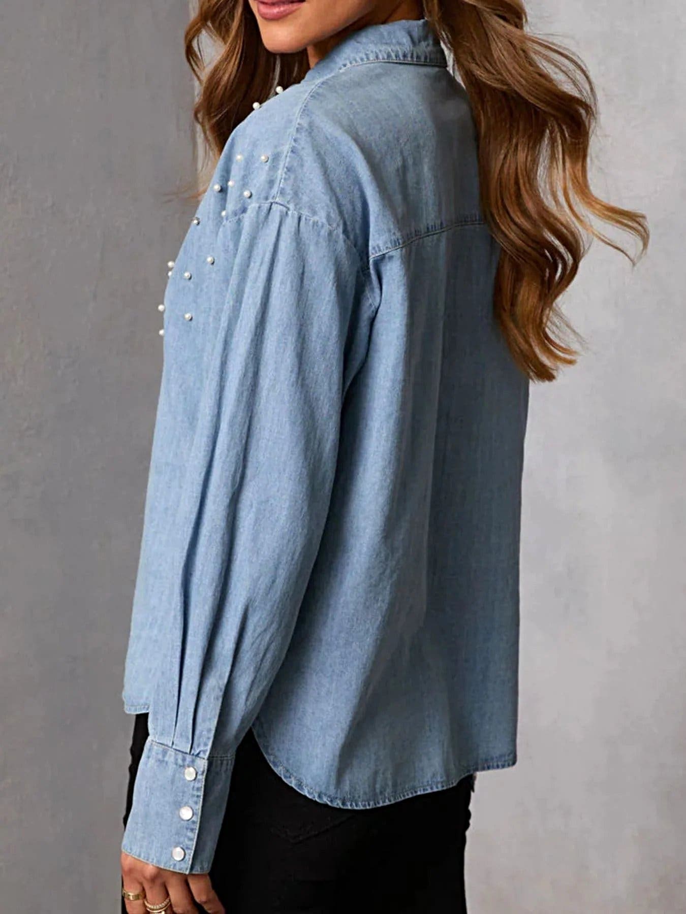 Pearl Embellished Button Up Denim Shirt -
