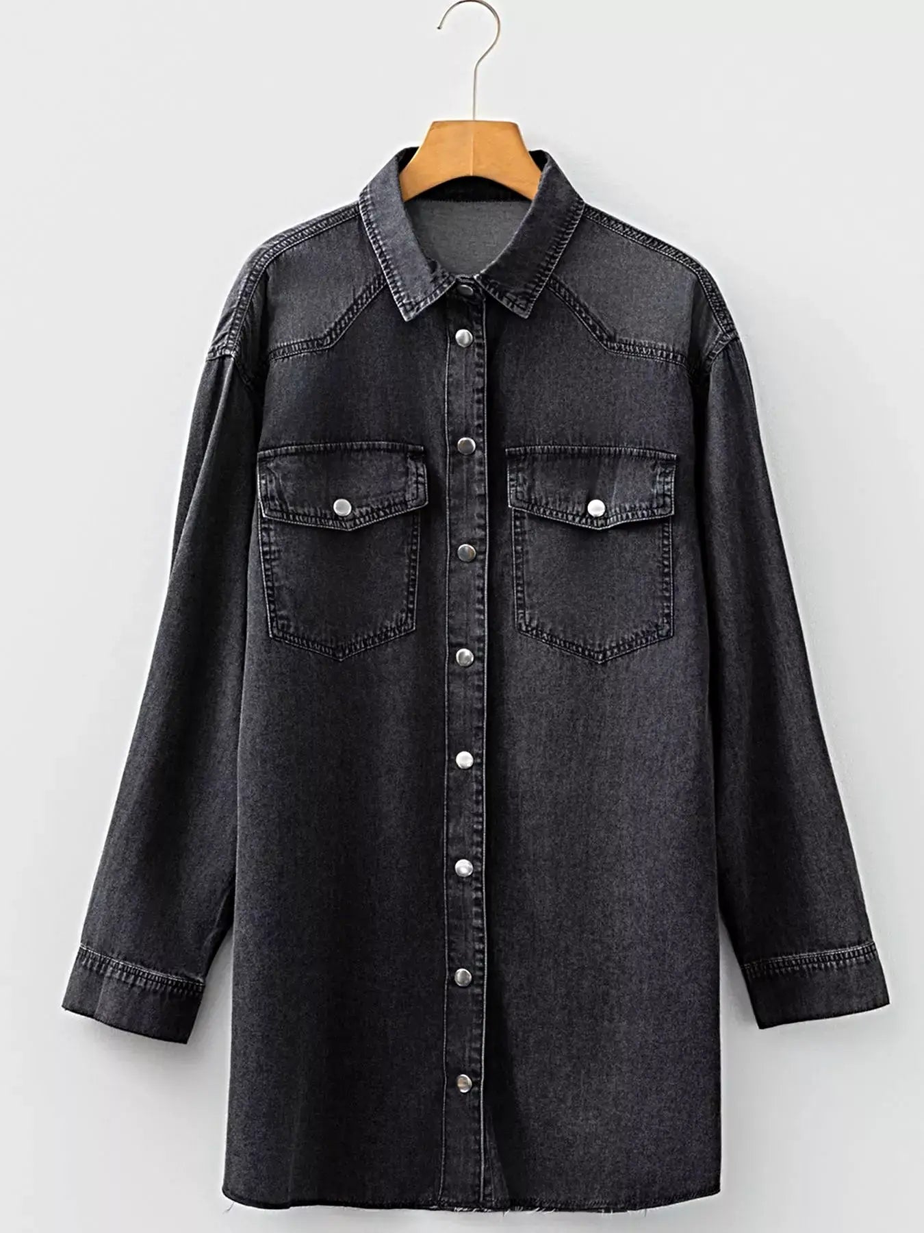 Chest Pocket Raw Hem Denim Loose Shirt Dress -