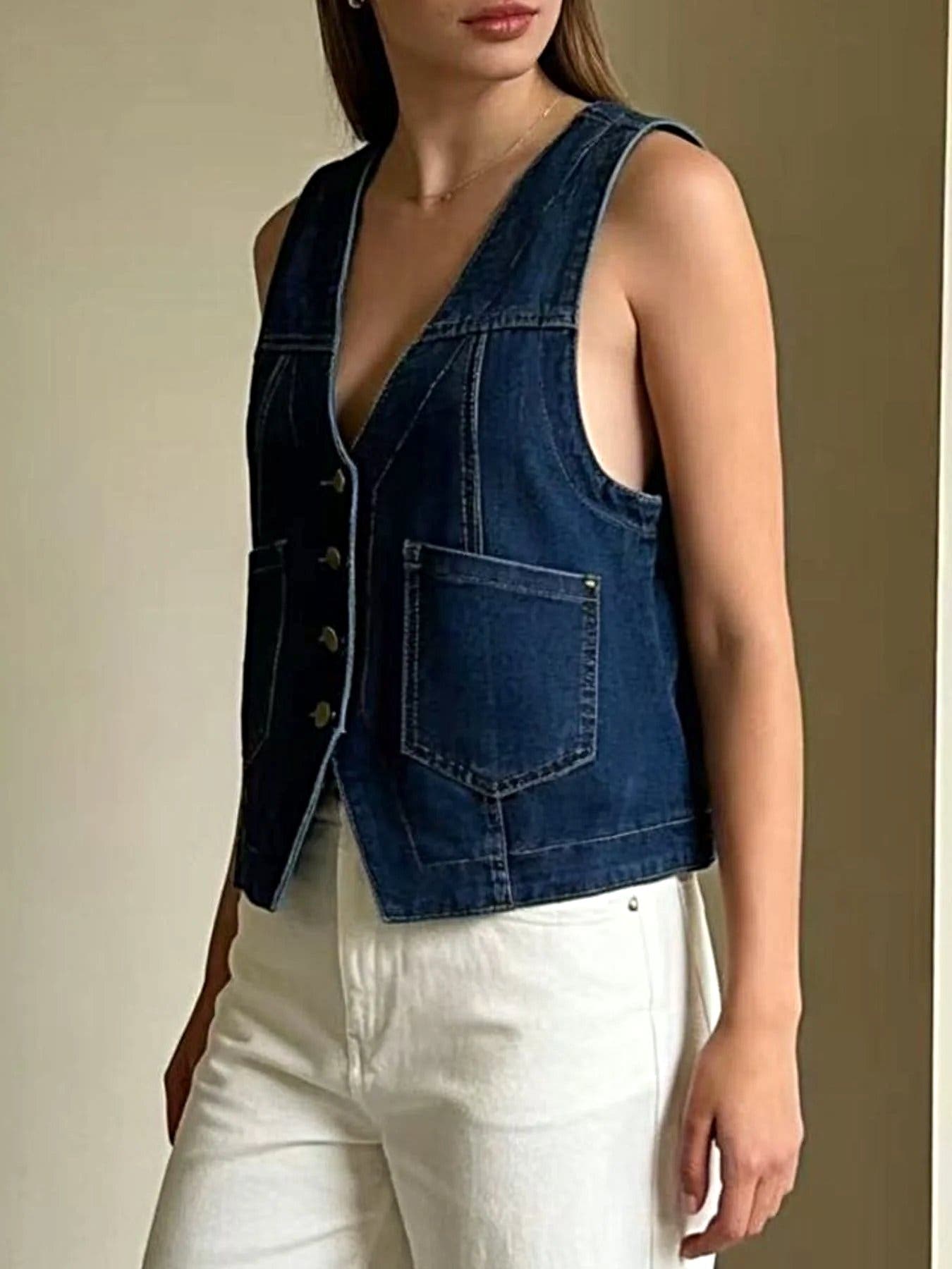 Plus Size Button-Down Denim Vest -