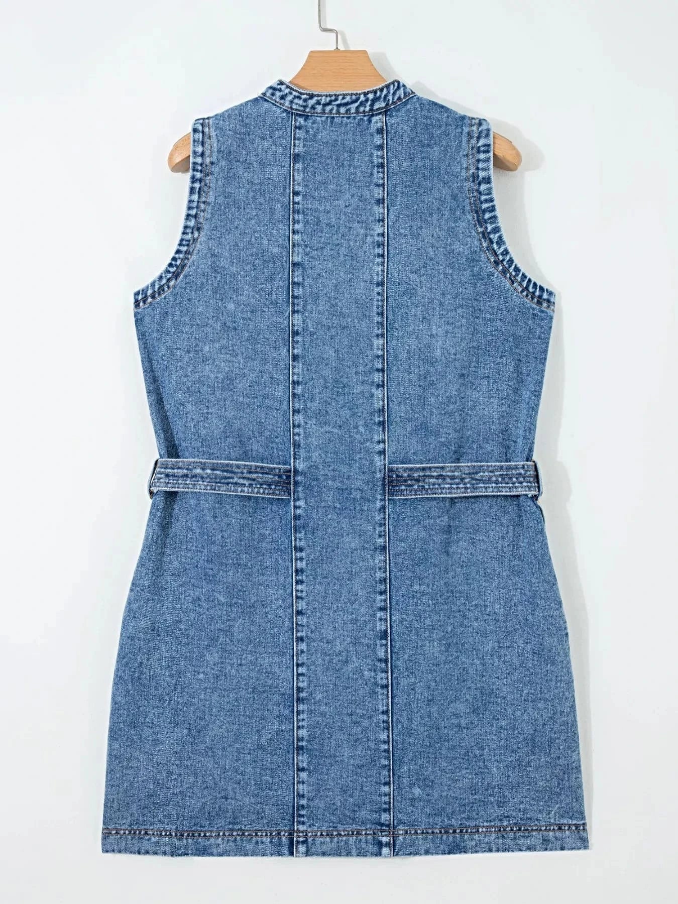 Western Belt Button Down Sleeveless Denim Short Dress -