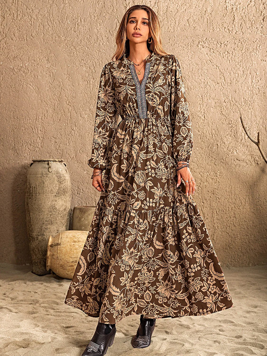 Elegant Ruched Maxi Dress with Notched Neckline and Long Sleeves - Chic Opaque Style by Trendsi Trendsi