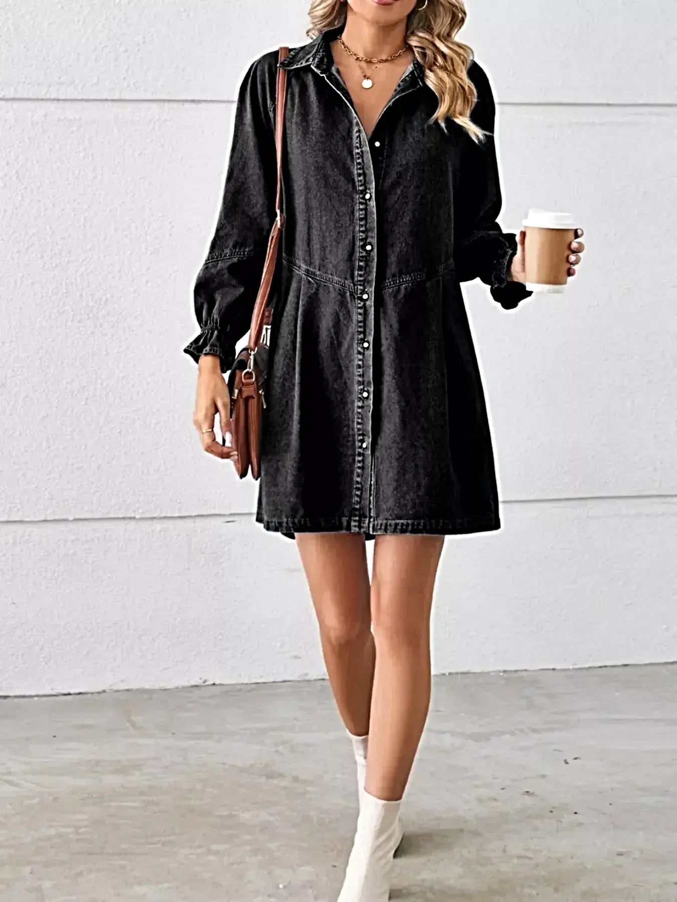 Button Down Ruffle Cuff Denim Dress -