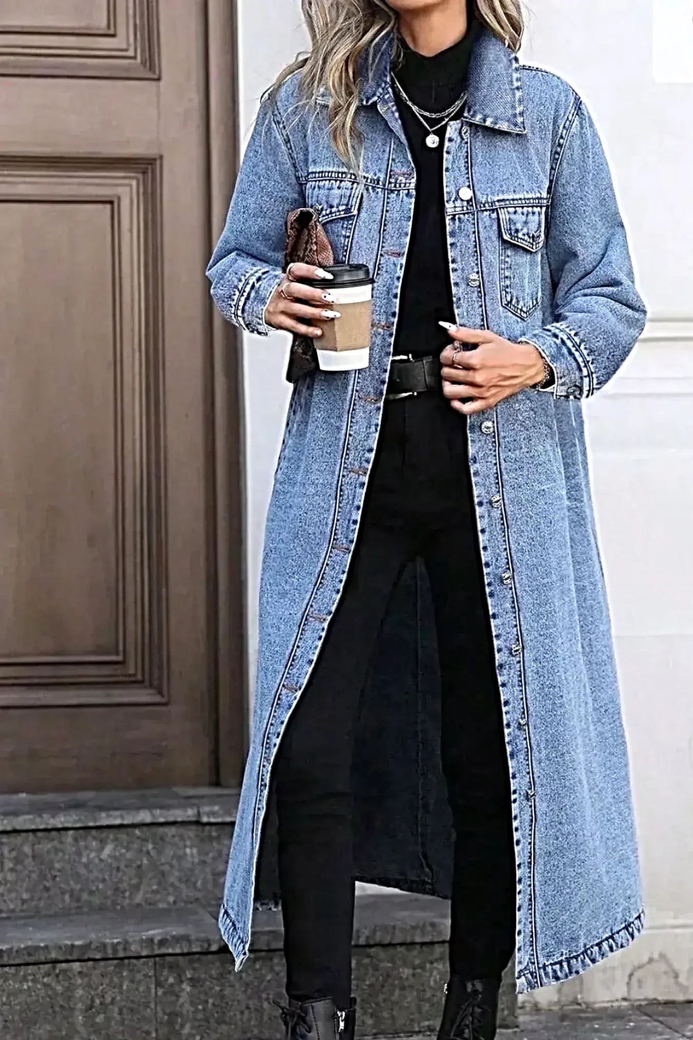 Longline Button-Front Denim Coat -