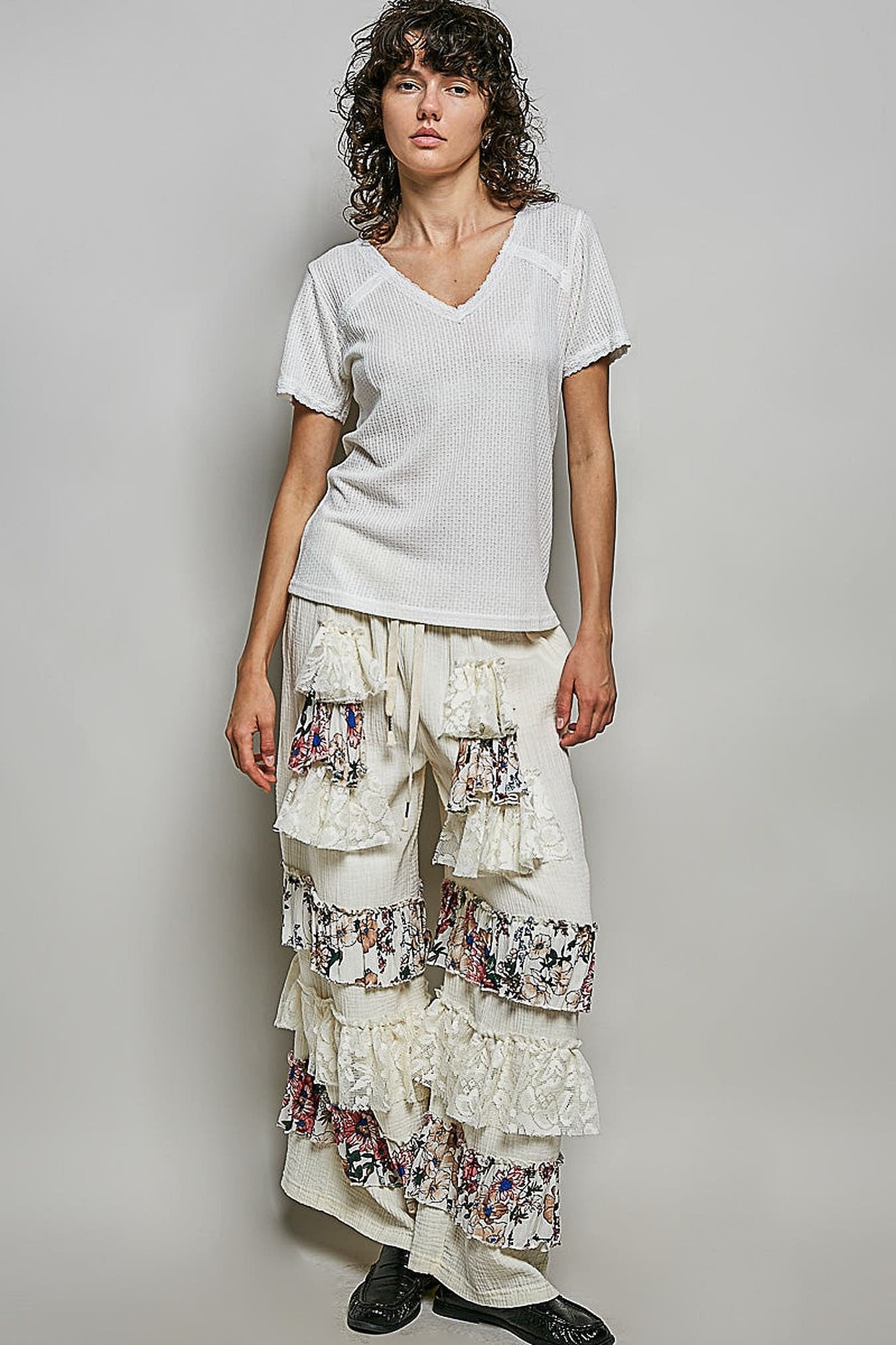 POL Lace Detail V-Neck Short Sleeve Textured T-Shirt -