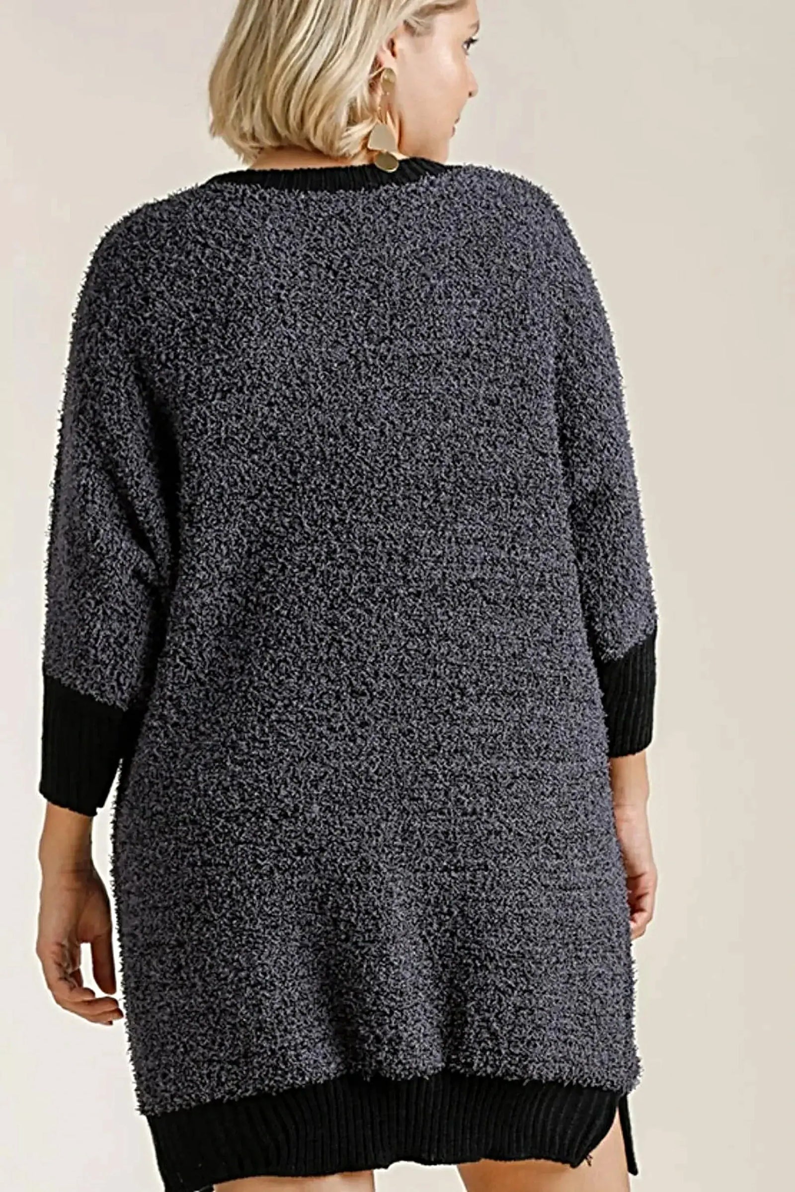 Umgee Full Size Ribbed Hem Round Neck 3/4 Sleeve Sweater Dress with Pockets Plus Size -