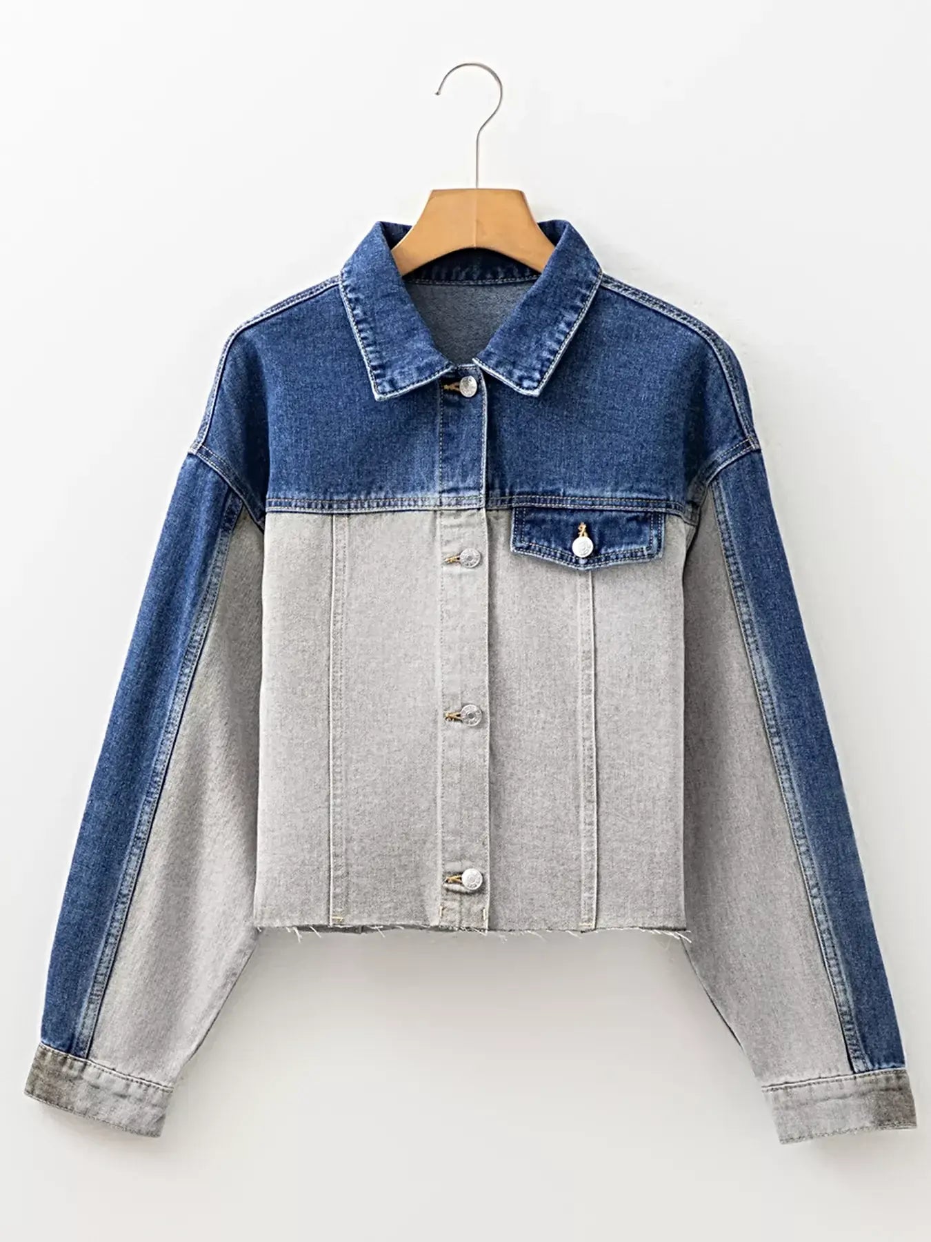 Color Block Patchwork Raw Hem Denim Jacket -