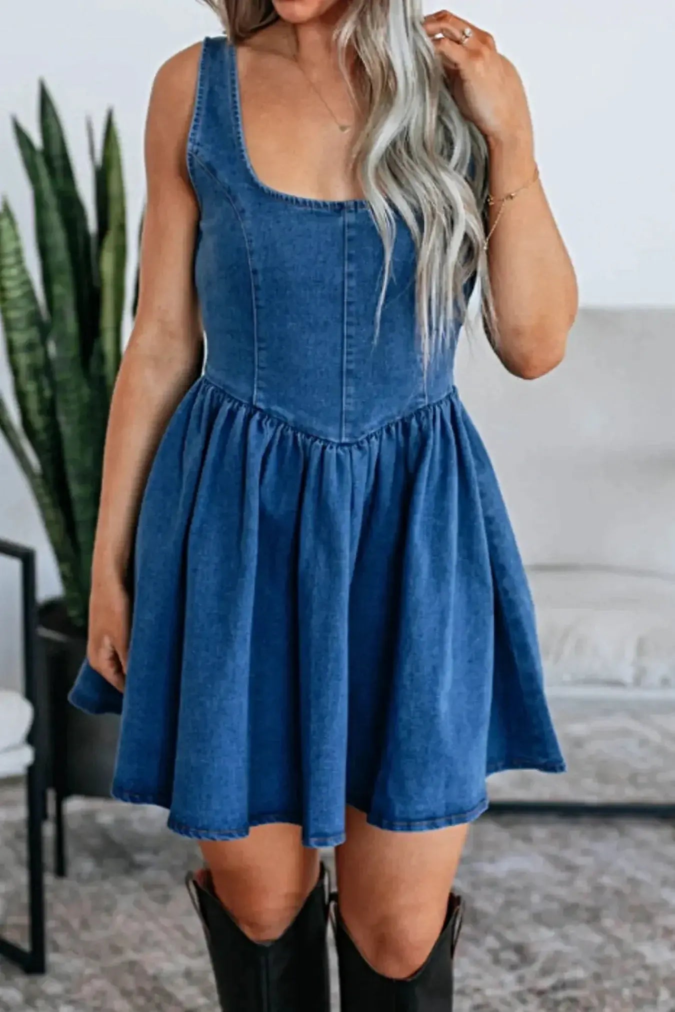 V-Back Bow Tie Denim Skater Dress -