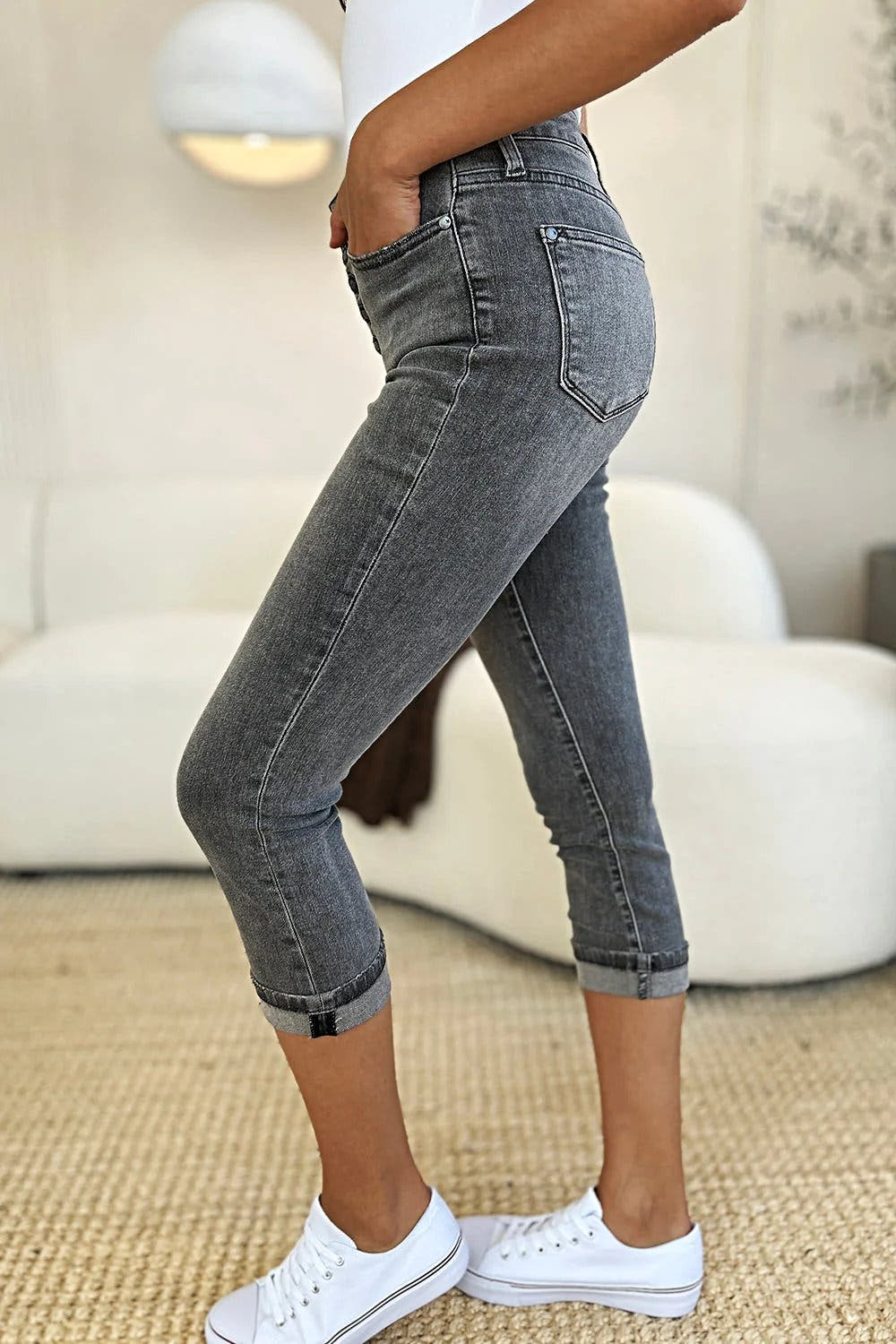 Judy Blue Full Size Button Fly High Waist Cuffed Capris -