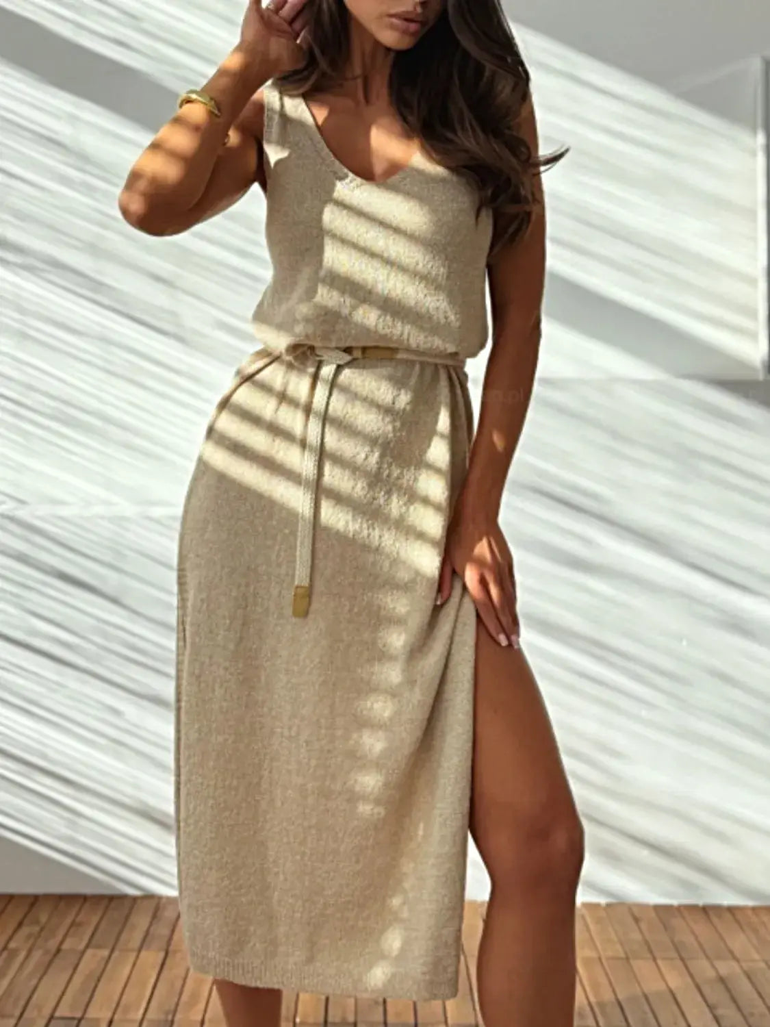 Slit V-Neck Sleeveless Sweater Dress -