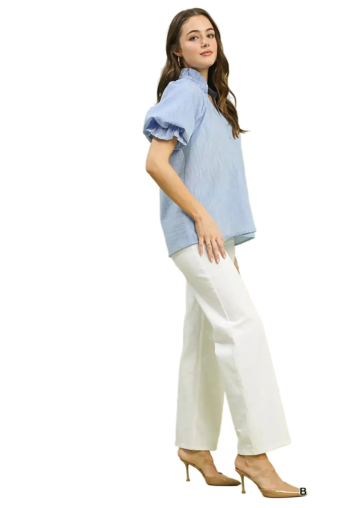Umgee Textured Puff Sleeve Split Neck Top -