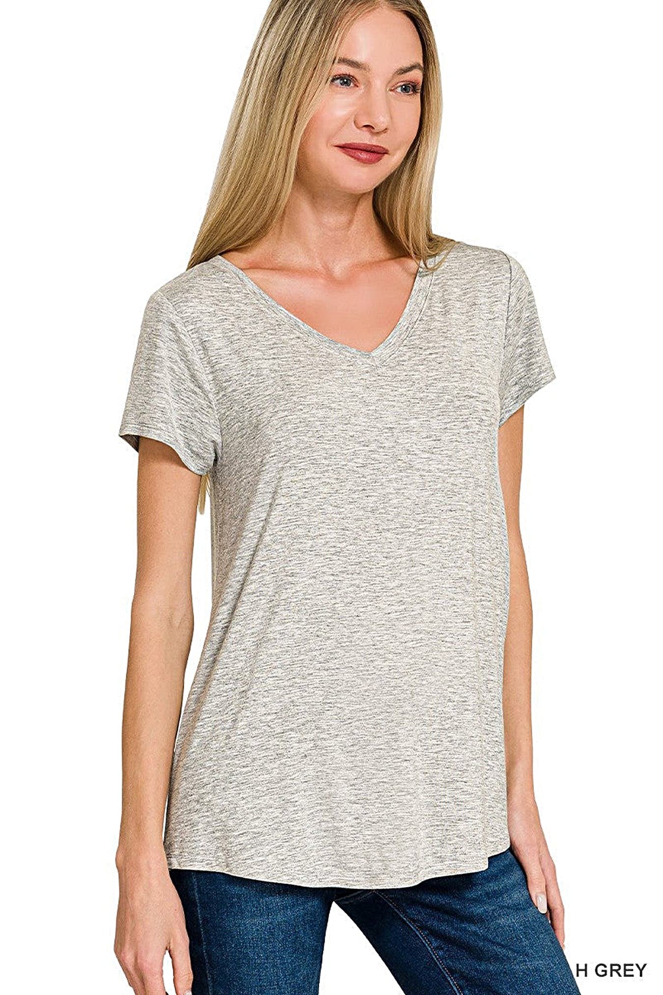 Zenana Rayon Short Sleeve V-neck Round Hem Top -